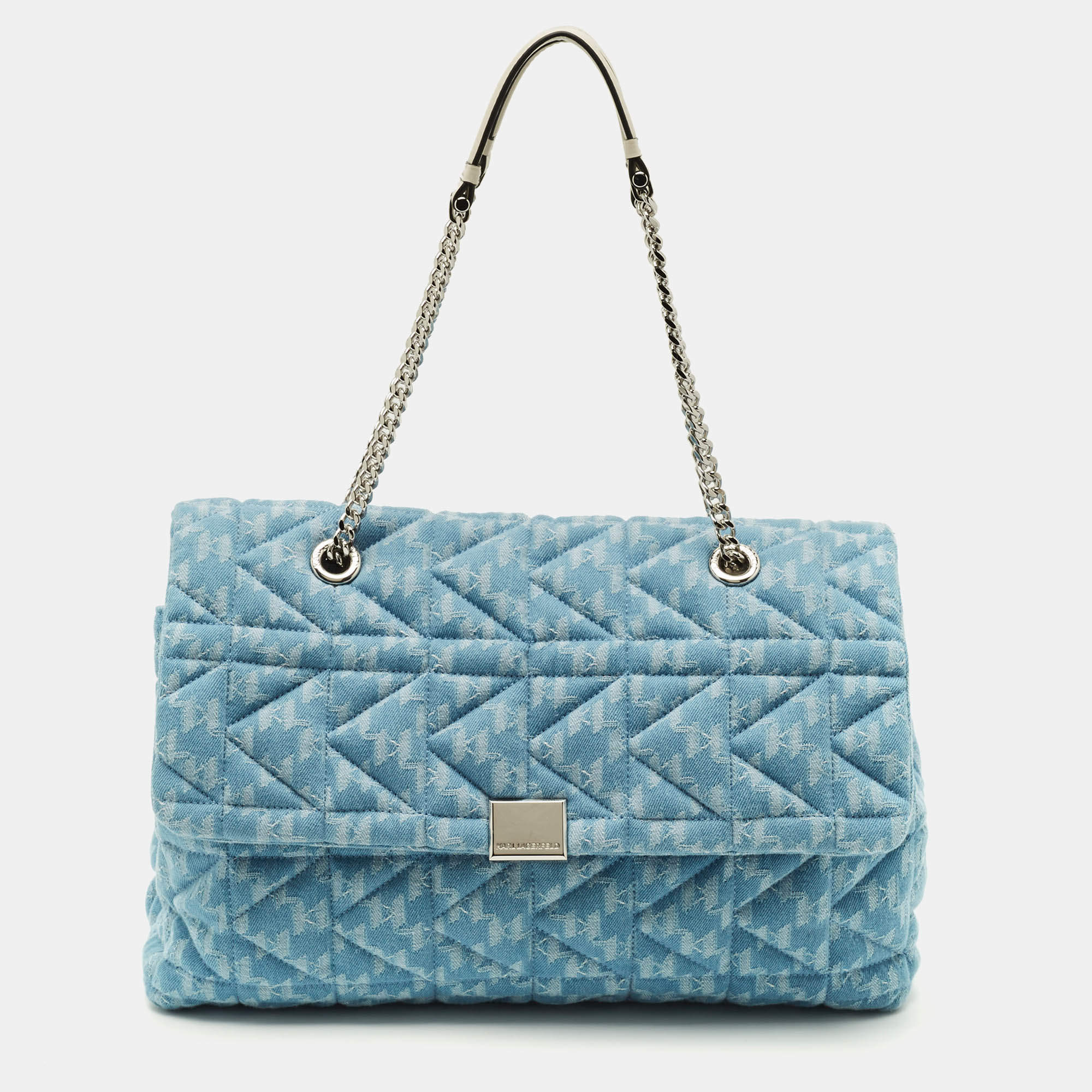 Pre Owned Karl Lagerfeld K/Kuilted Large Blue Denim Jacquard Flap Shoulder Bag