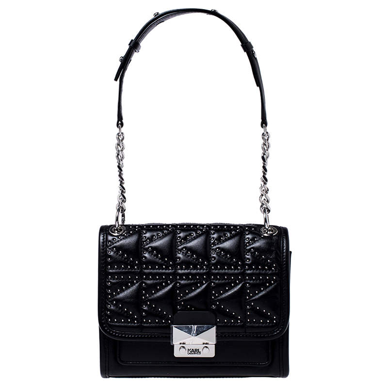 Karl Lagerfeld Black Leather Small K/Kuilted Studs Top Handle Bag Karl ...