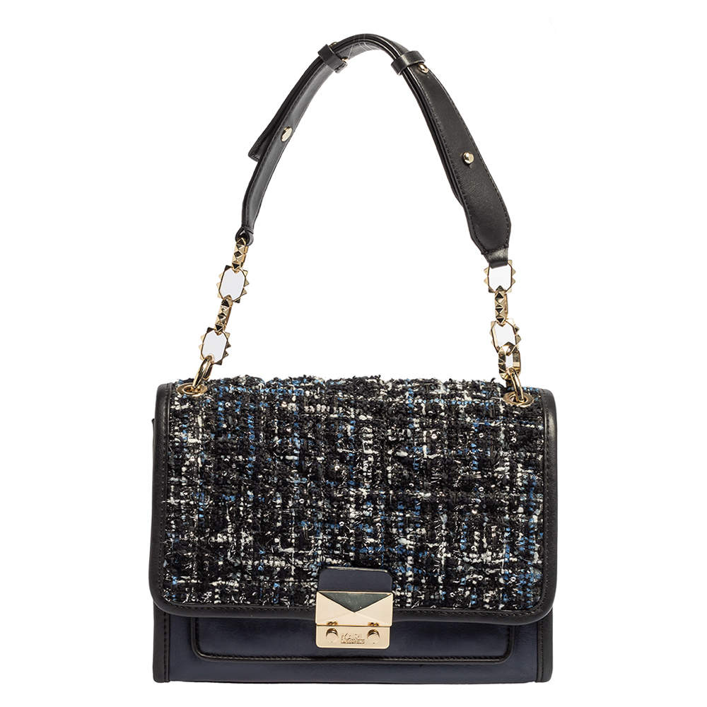 Karl Lagerfeld Blue/Black Leather and Tweed K/Kuilted Flap Shoulder Bag ...