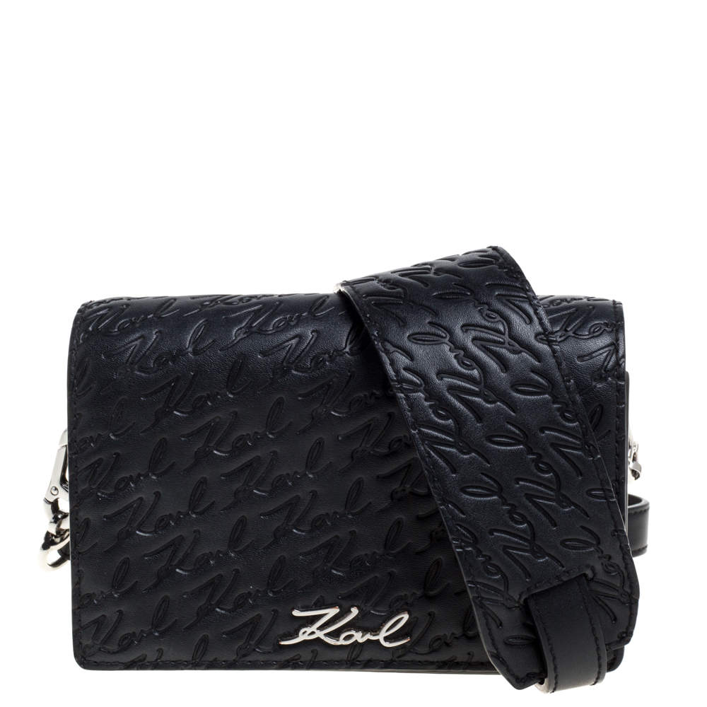 Karl Lagerfeld Black Signature Embossed Leather Flap Shoulder Bag
