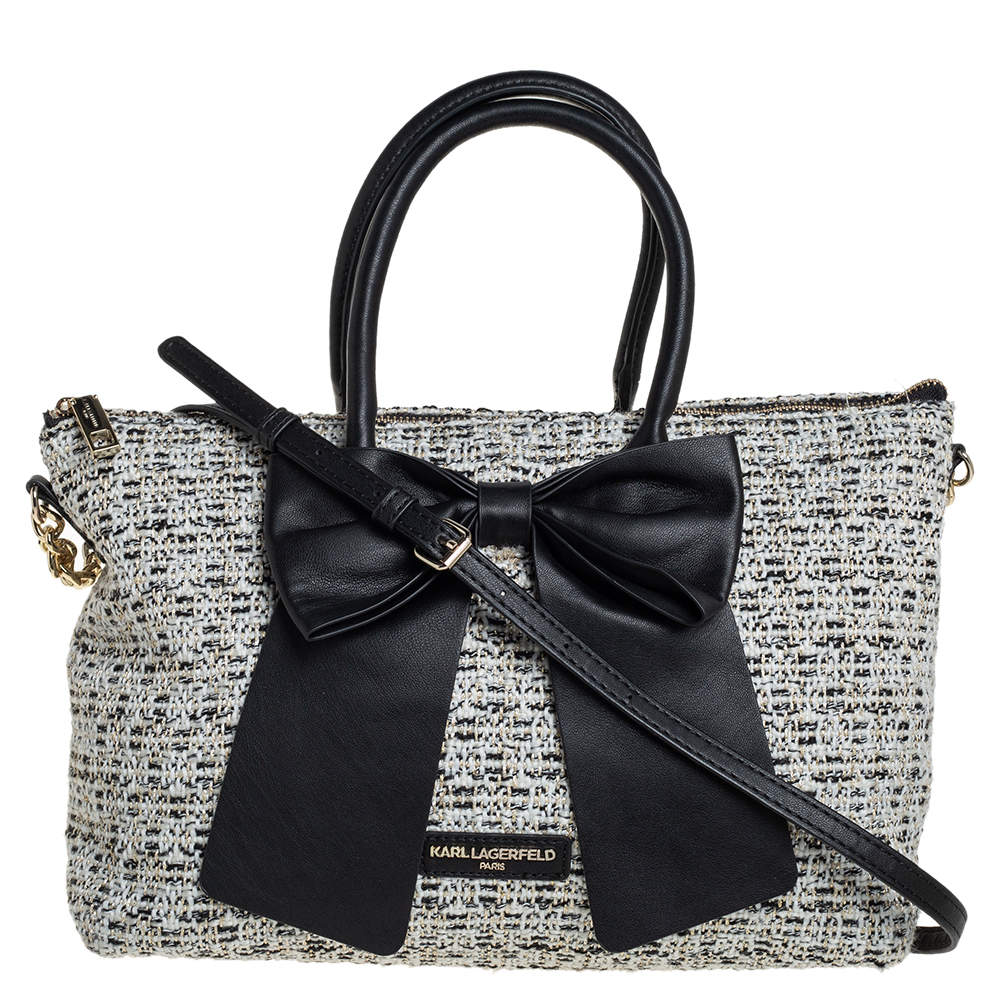 Karl Lagerfeld White/Black Tweed and Leather Kris Bow Tote