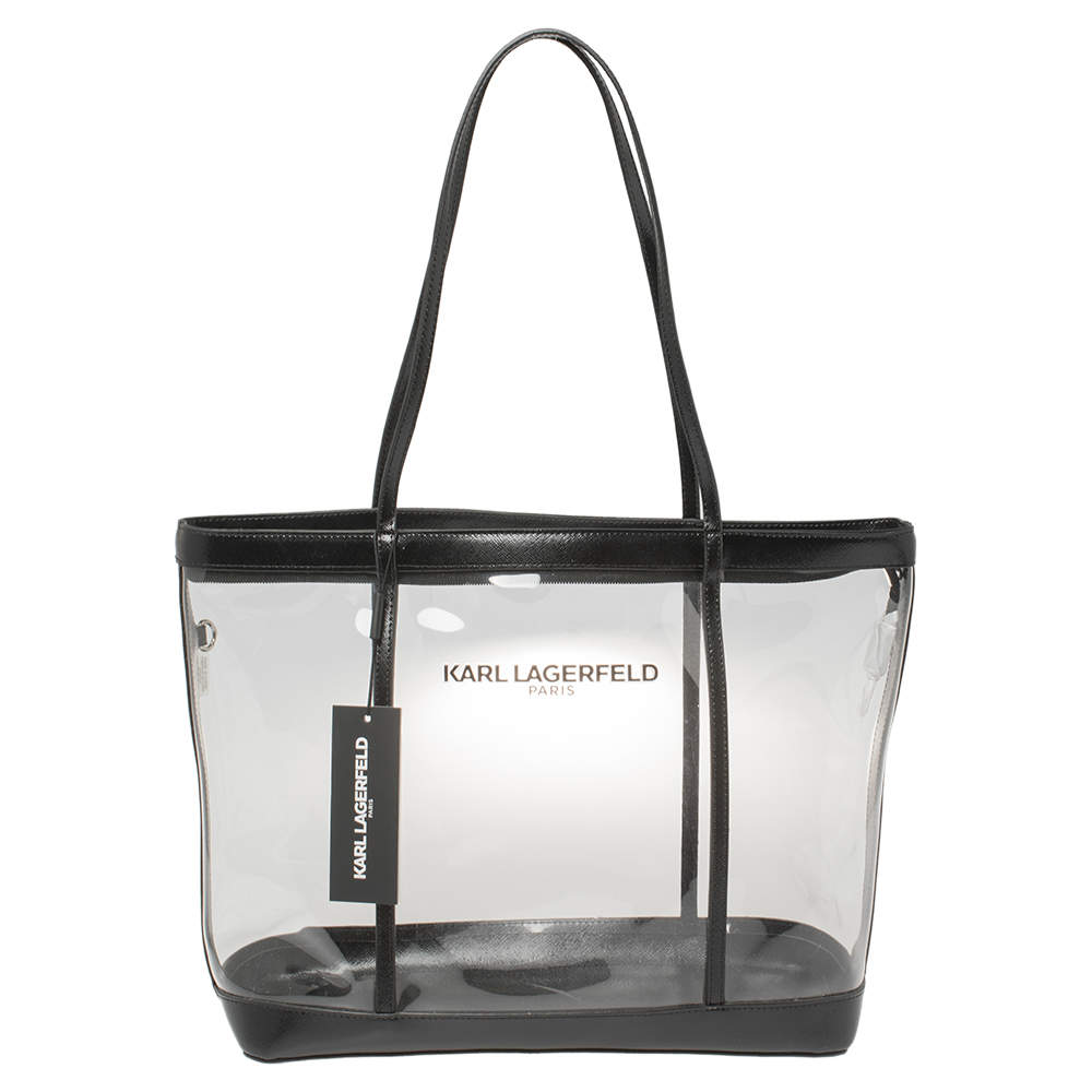 Pre Owned Karl Lagerfeld Black PVC and Leather Clear Swim Tote