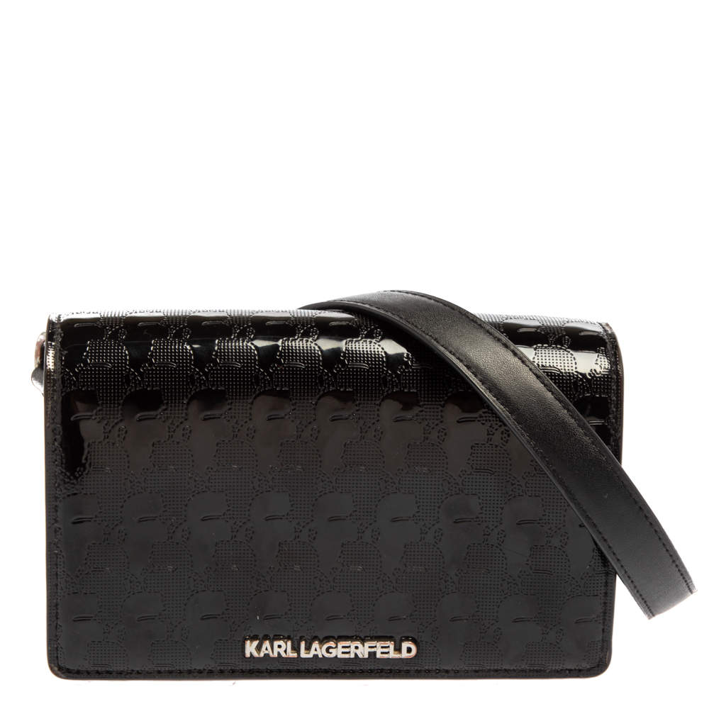 Pre Owned Karl Lagerfeld Black Logo Embossed Patent Leather Flap Shoulder Bag