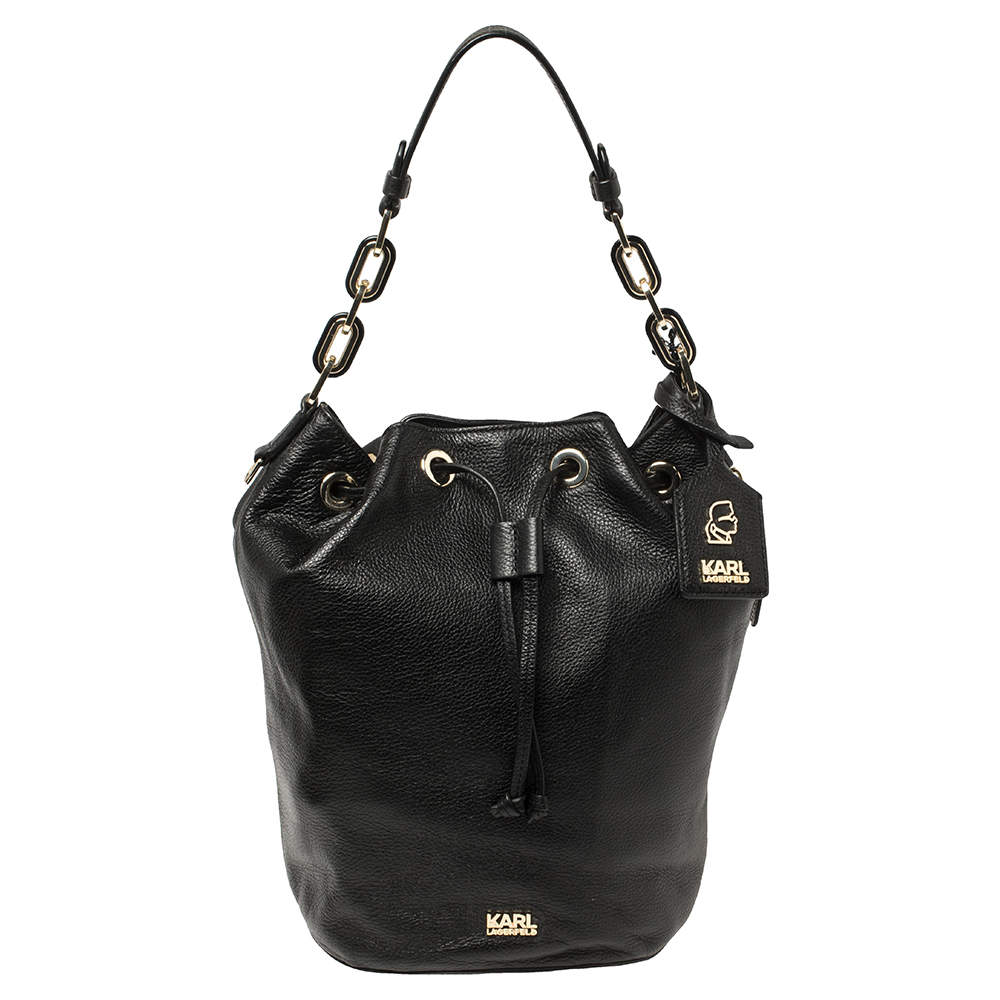 Pre Owned Karl Lagerfeld Black Pebble Leather Drawstring Bucket Bag