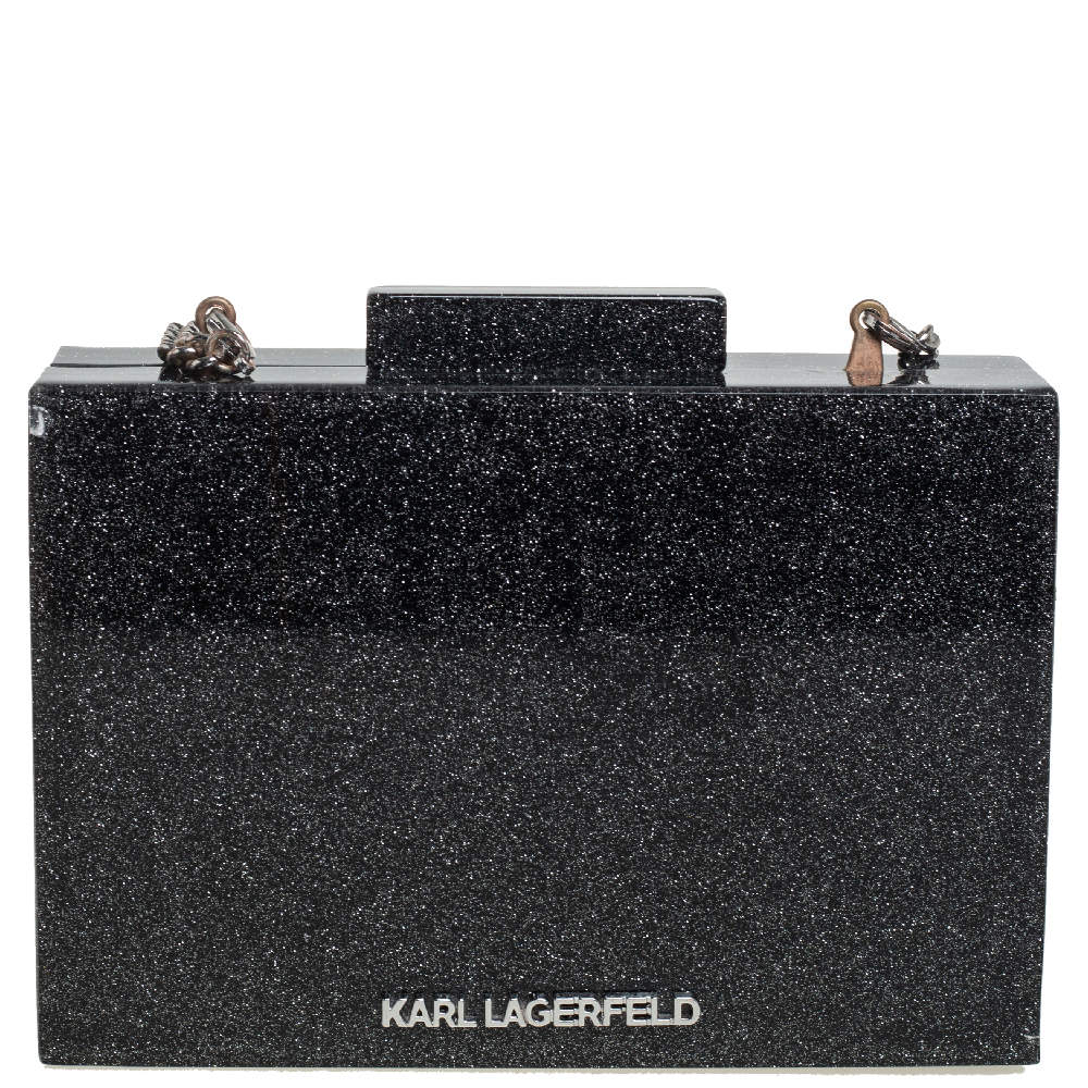 Karl Lagerfeld Black Glitter Acrylic Tres Karl Chain Box Clutch