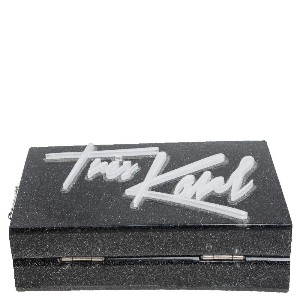 Karl Lagerfeld Black Glitter Acrylic Tres Karl Chain Box Clutch Karl  Lagerfeld