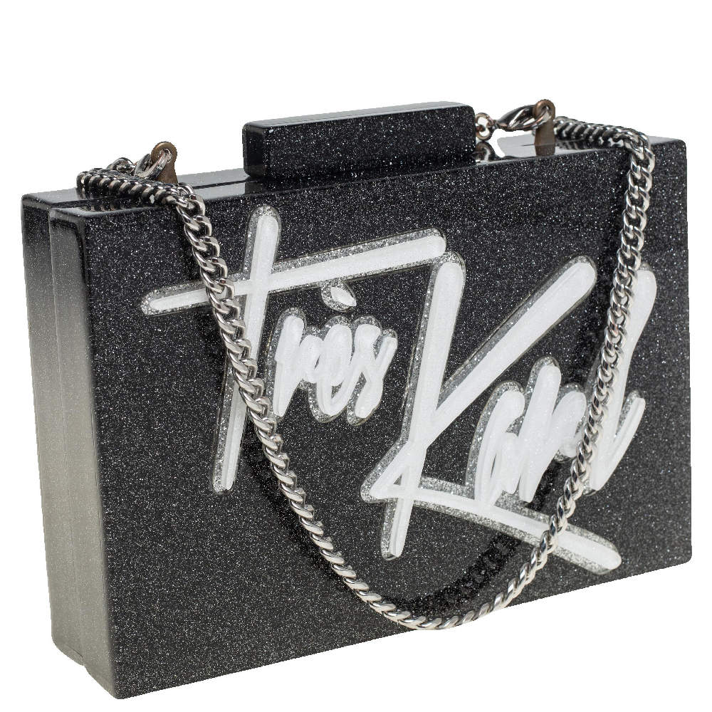 Karl Lagerfeld Black Glitter Acrylic Tres Karl Chain Box Clutch