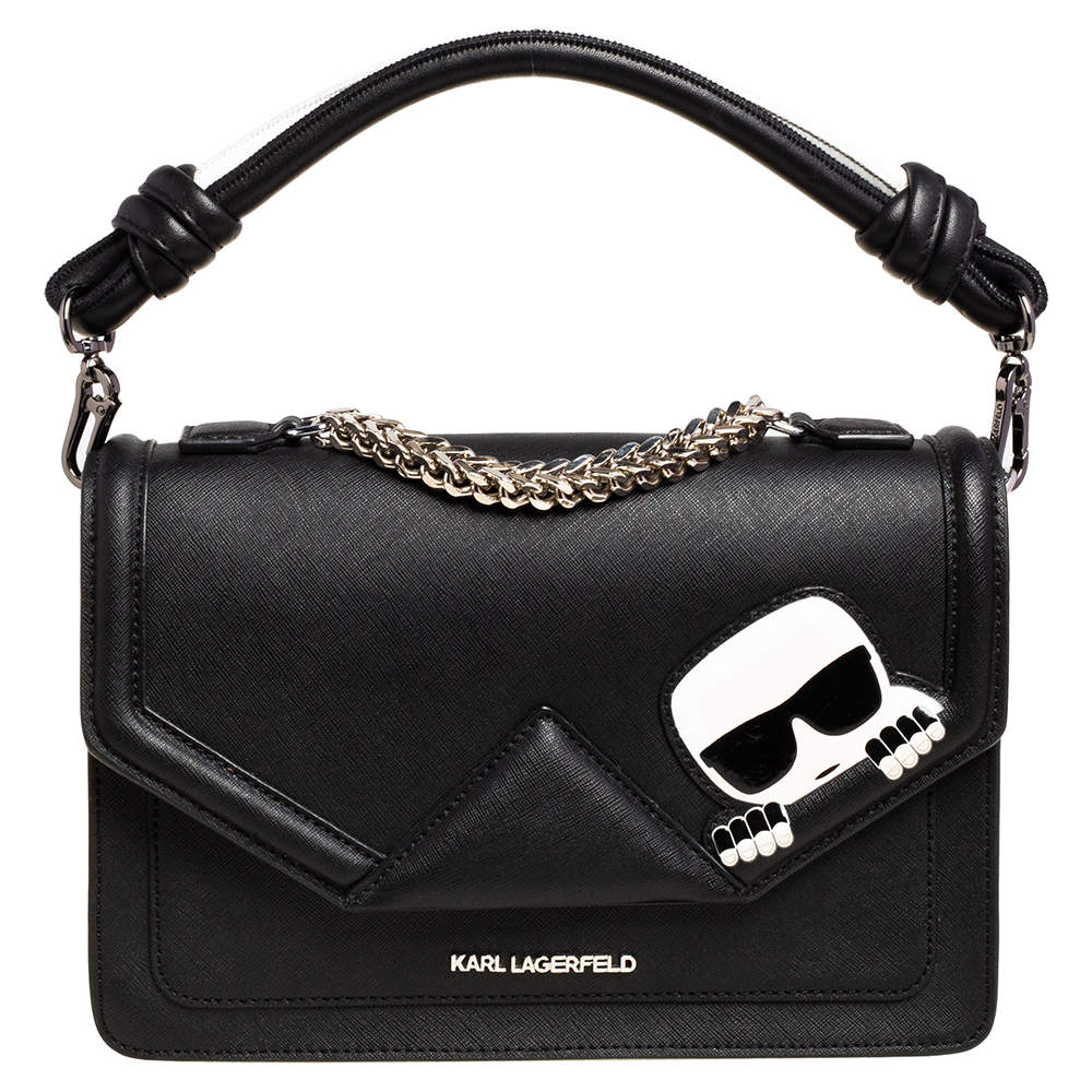 Pre Owned Karl Lagerfeld Black/White Leather K/ikonik Klassik Shoulder Bag