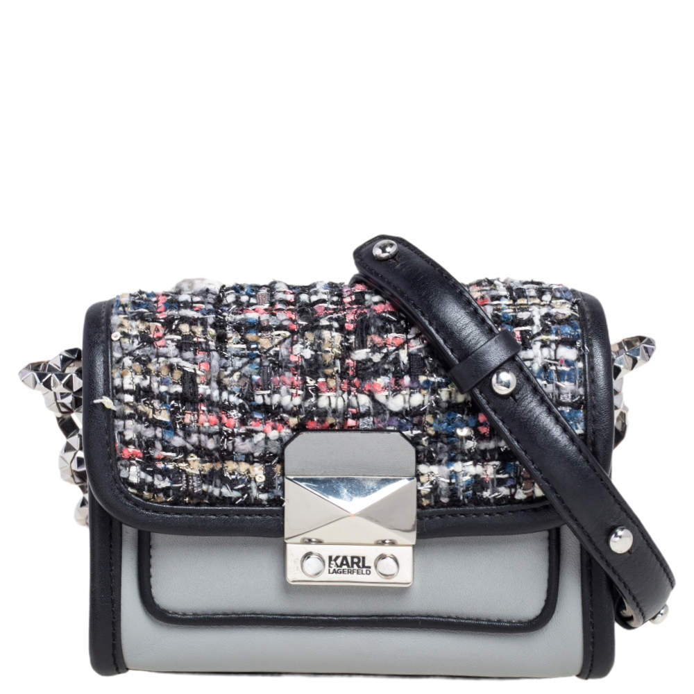 Pre Owned Karl Lagerfeld Grey Leather and Tweed Crossbody Bag