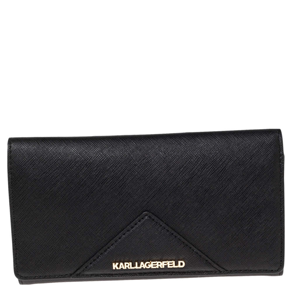 Pre Owned Karl Lagerfeld Black Leather Long Trifold Wallet