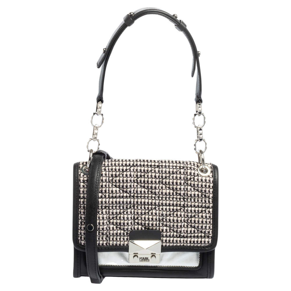 Pre Owned Karl Lagerfeld Black/Silver Leather and Tweed K/Kuilted Stud Shoulder Bag