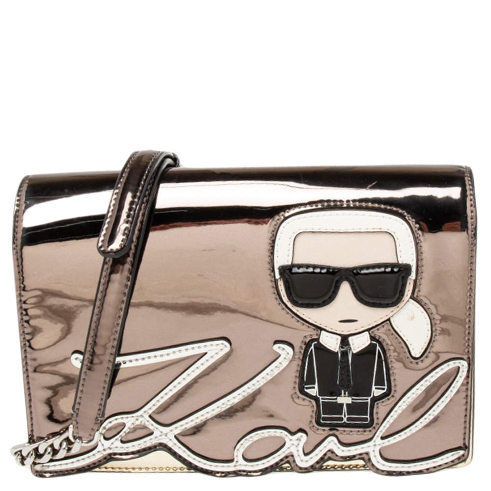 Karl Lagerfeld Silver High Gloss Leather K/IKONIK Shoulder Bag