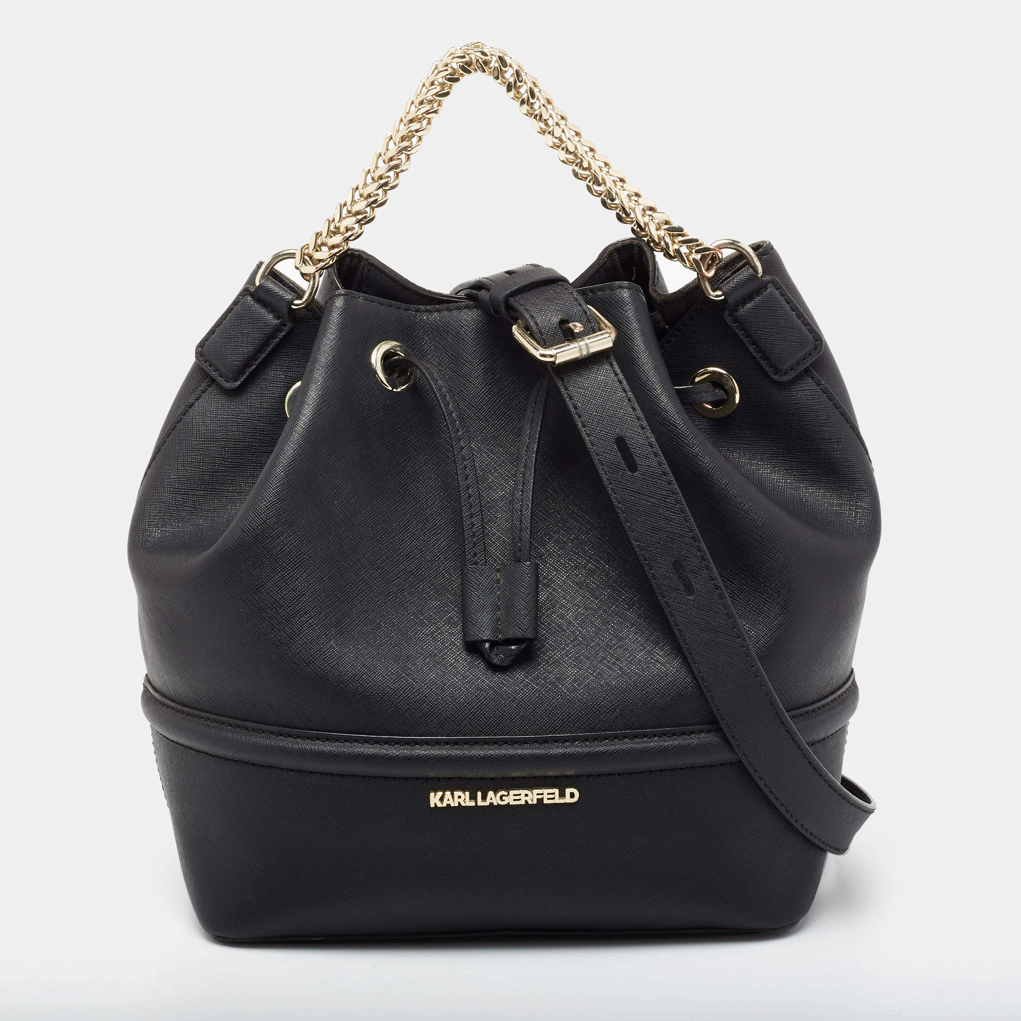 Pre Owned Karl Lagerfeld Black Leather Drawstring Bucket Bag