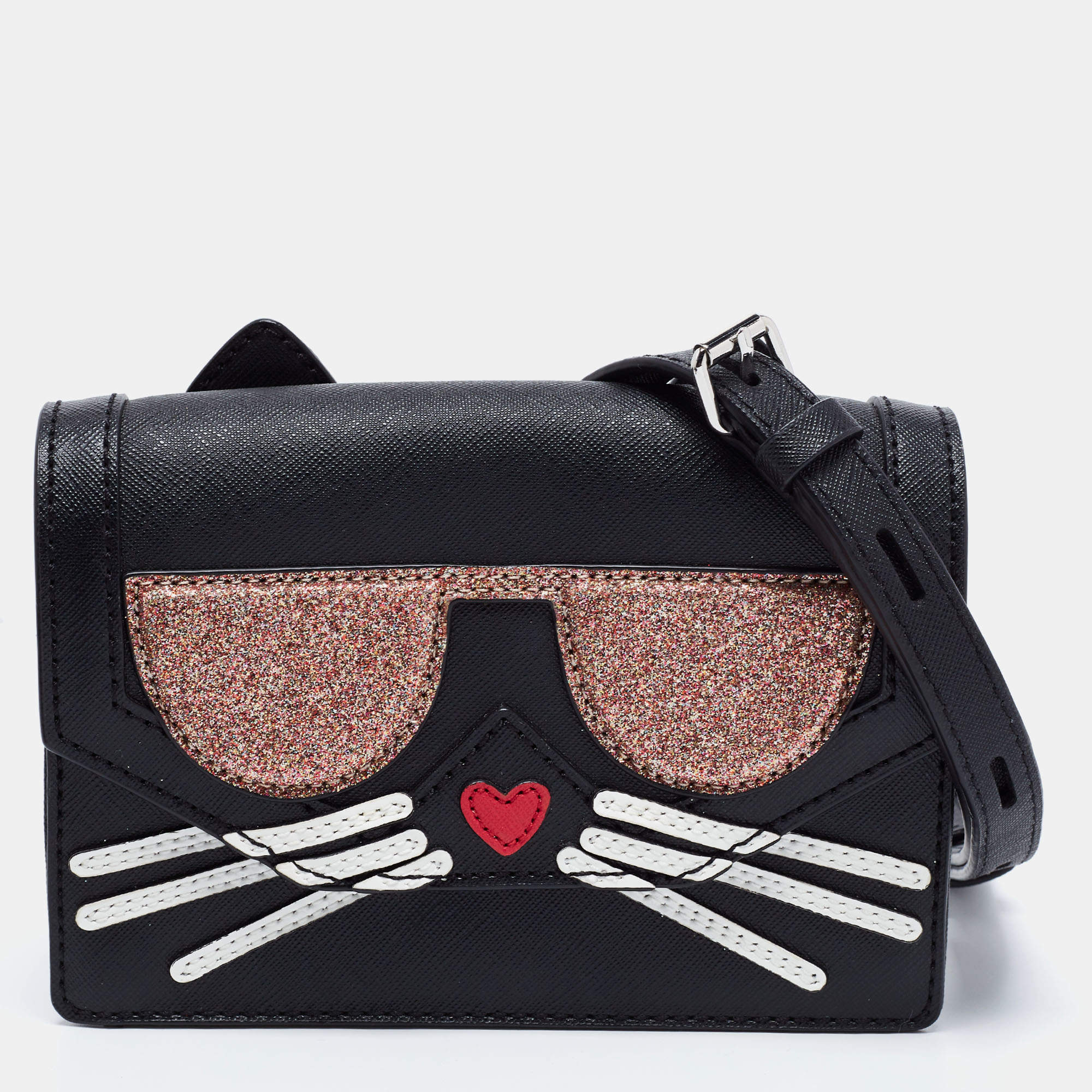 Karl Lagerfeld Black Leather K/Cocktail Cat Crossbody Bag