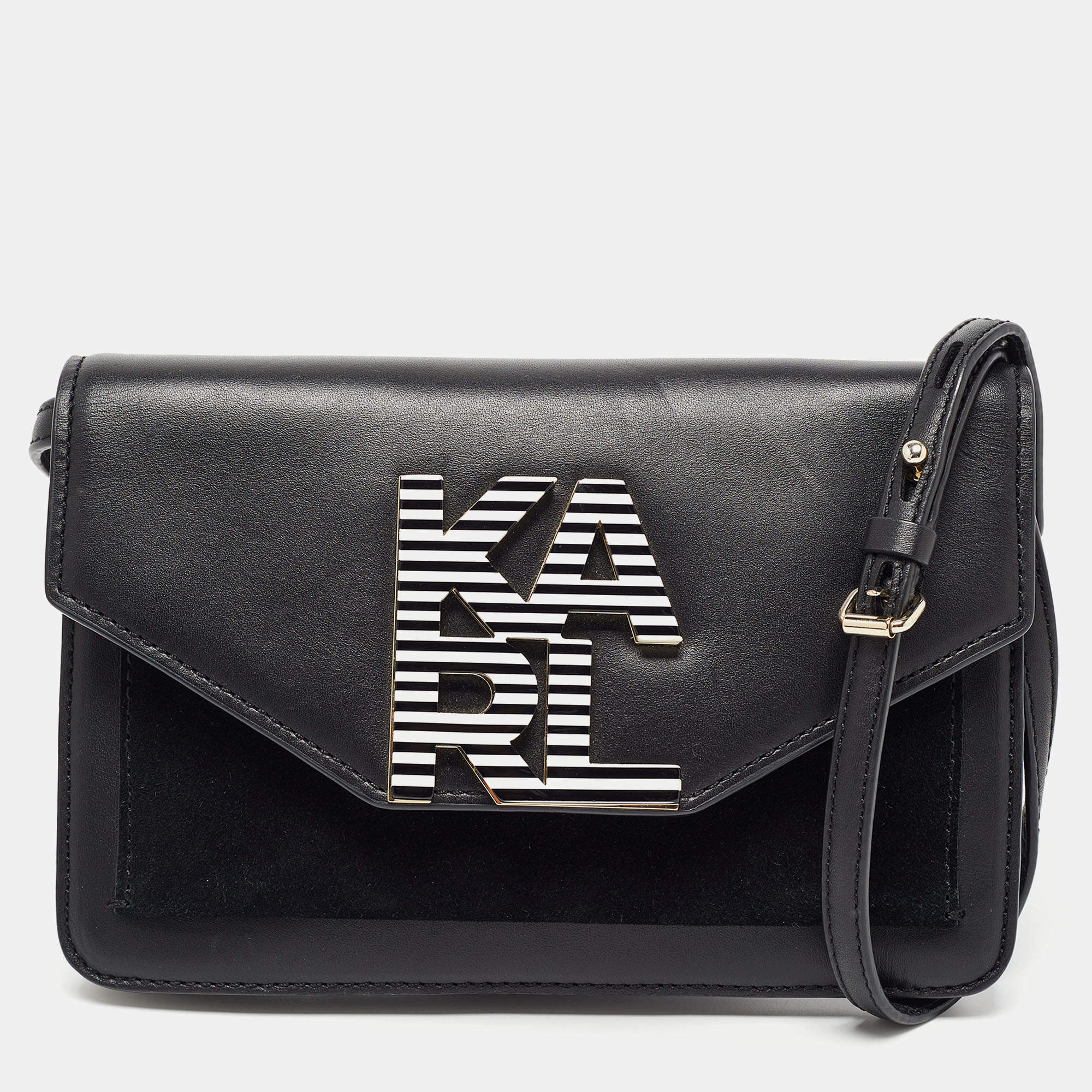 Pre Owned Karl Lagerfeld Black Leather Logo Envelope Flap Shoulder Bag