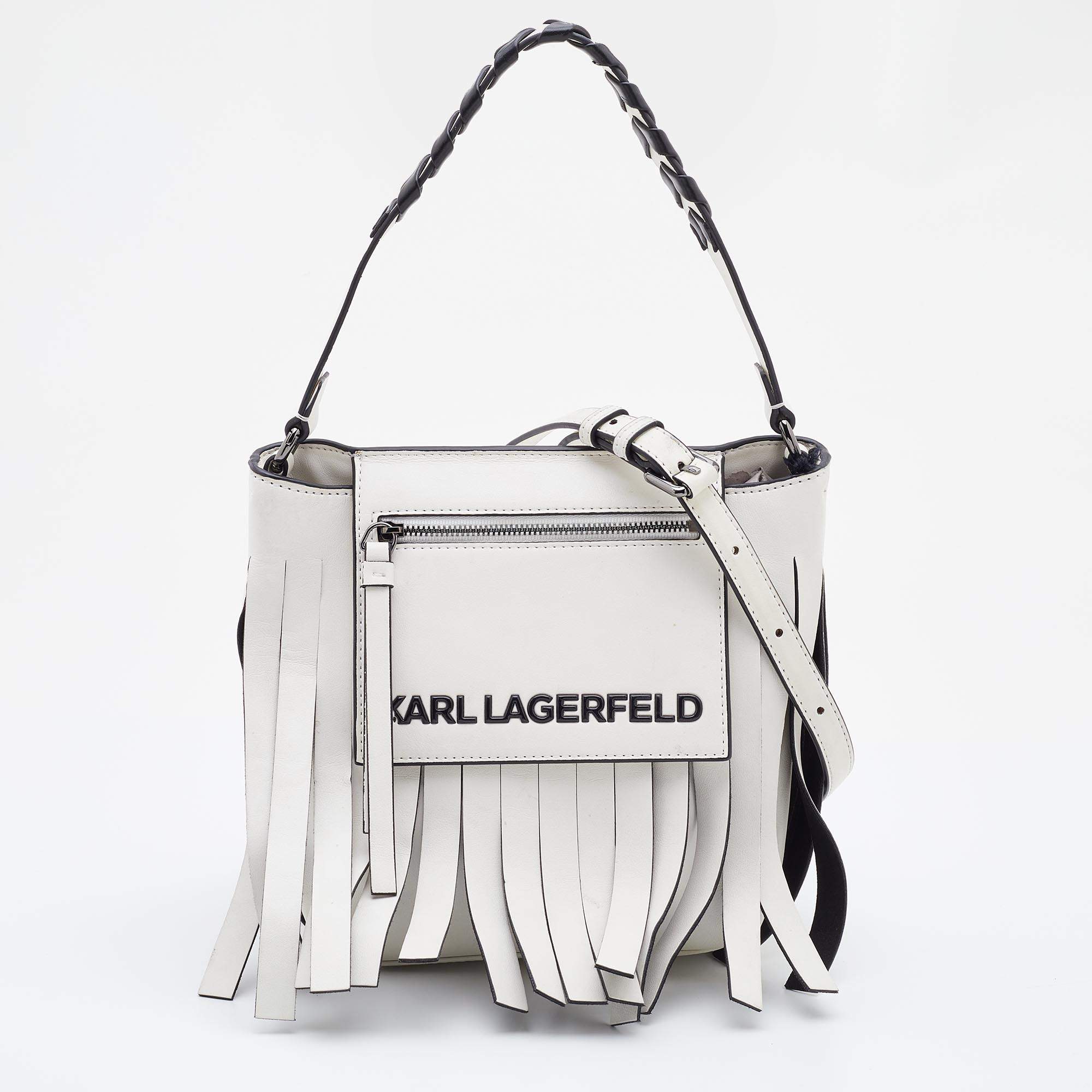 Pre Owned Karl Lagerfeld White/Black Faux Leather K/Fringe Hobo