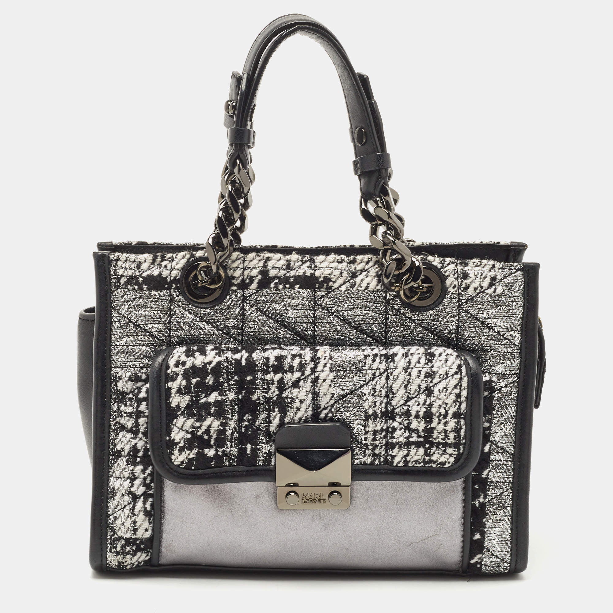 Pre Owned Karl Lagerfeld Black/Silver Tweed And Leather Mini Tote