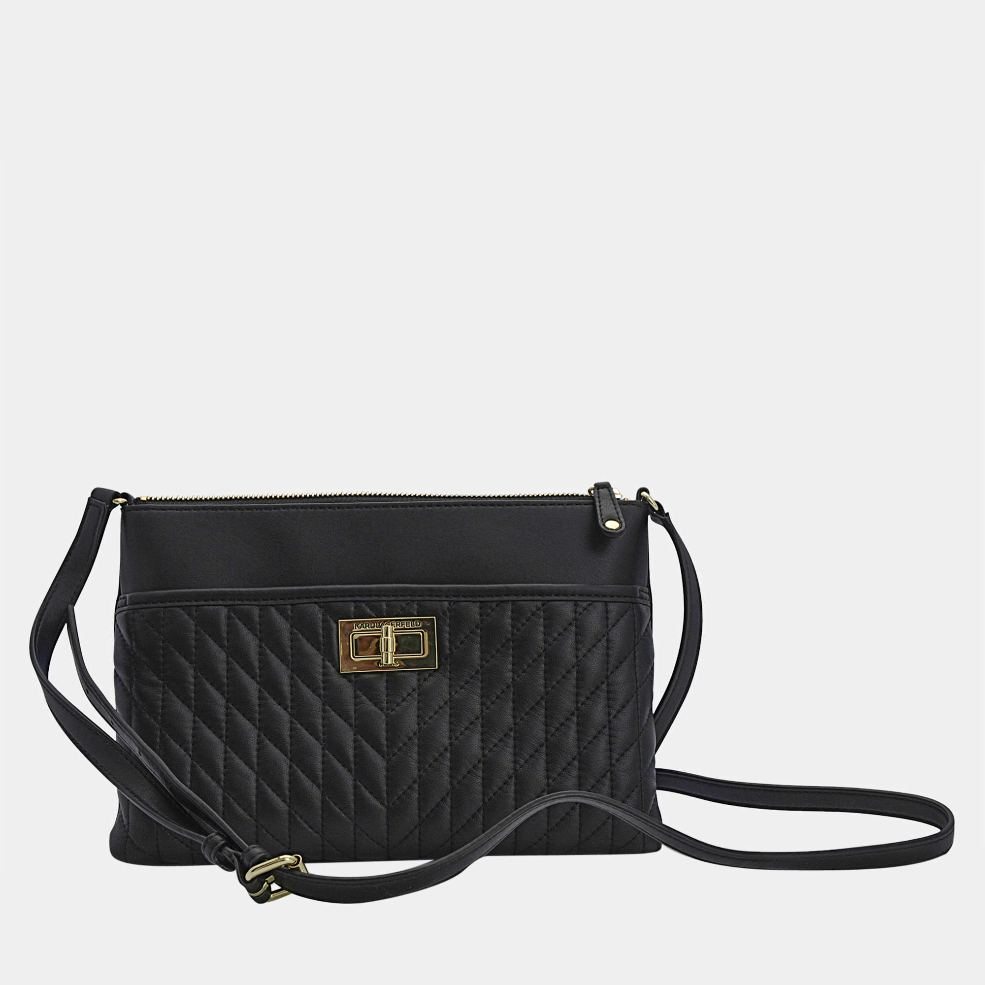 Pre Owned Karl Lagerfeld Paris Agyness Black & Gold Leather Crossbody LH7EB362BGD