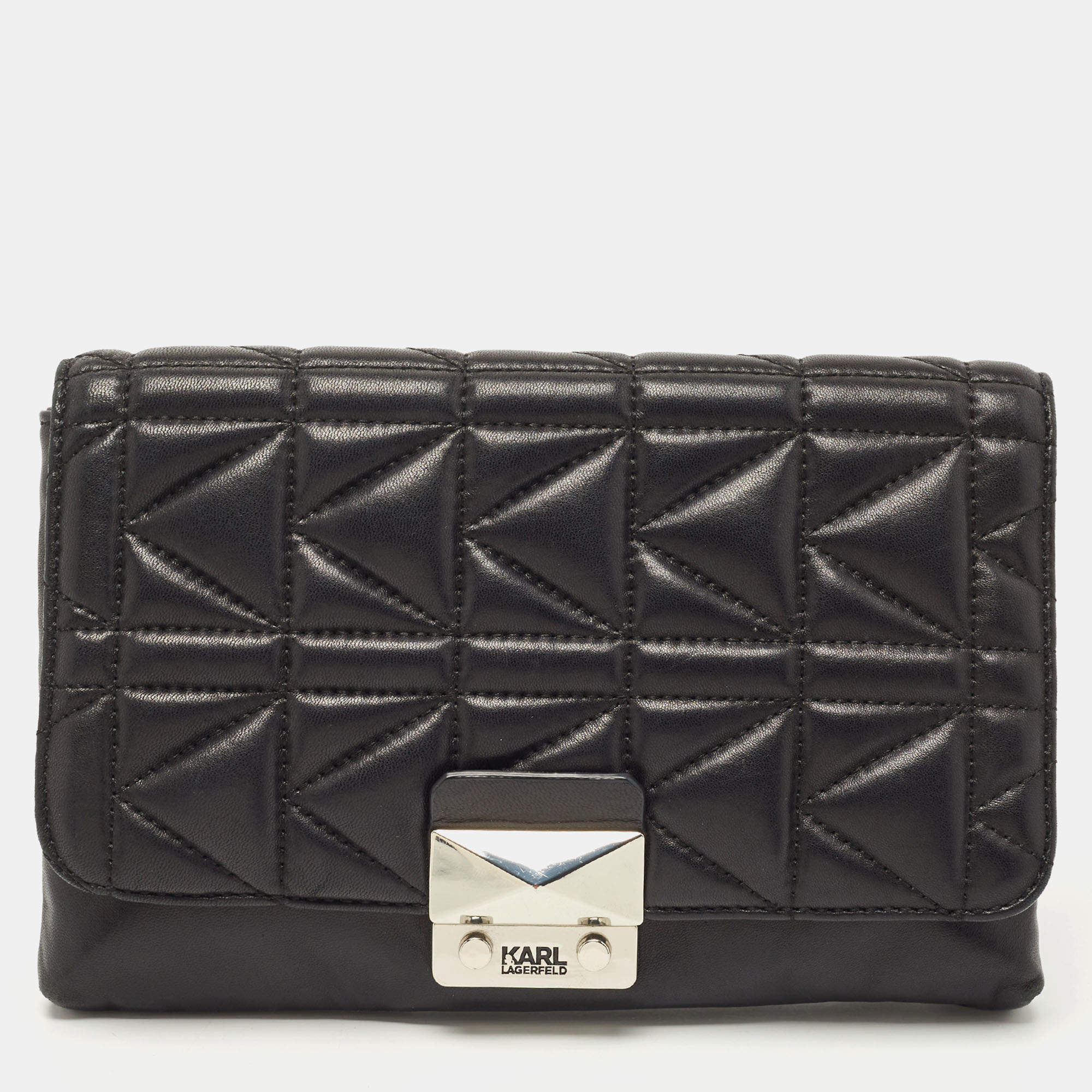 Karl Lagerfeld Black Quilted Leather Pushlock Flap Clutch