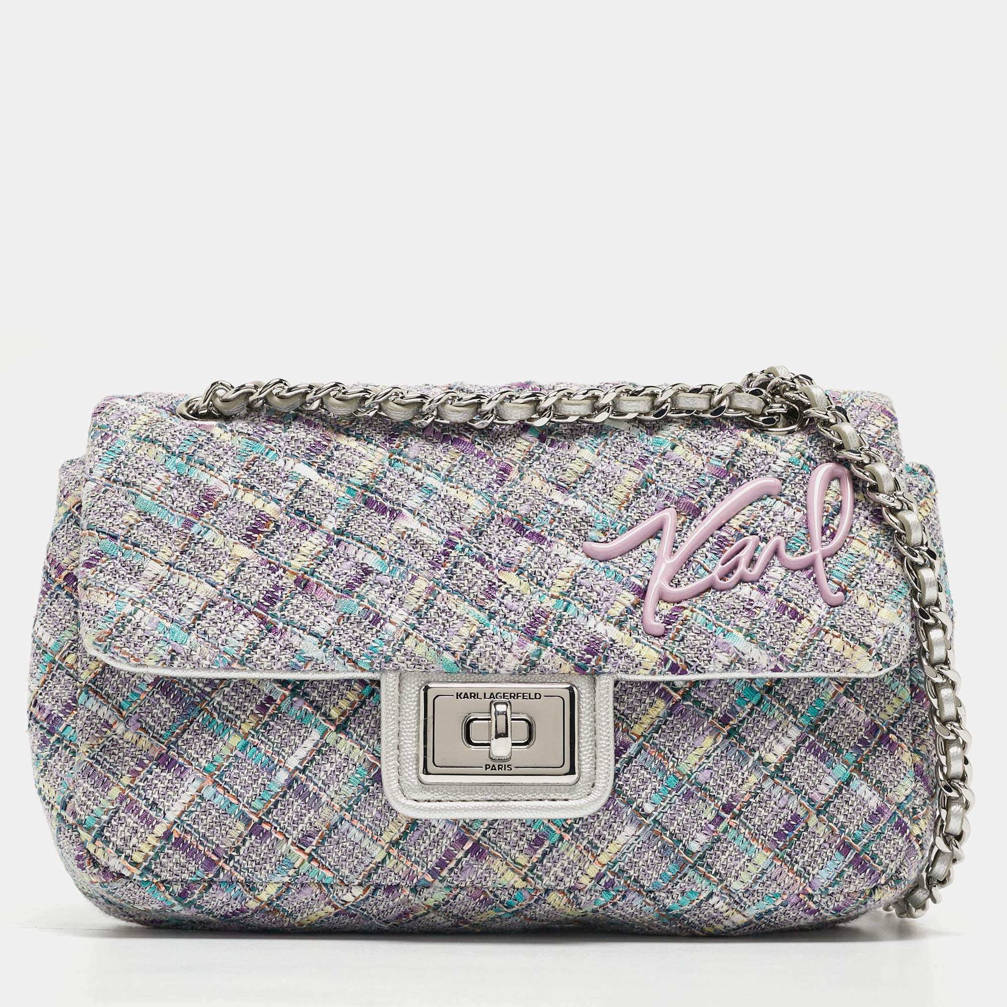 Pre Owned Karl Lagerfeld Lavender Tweed Agyness Shoulder Bag