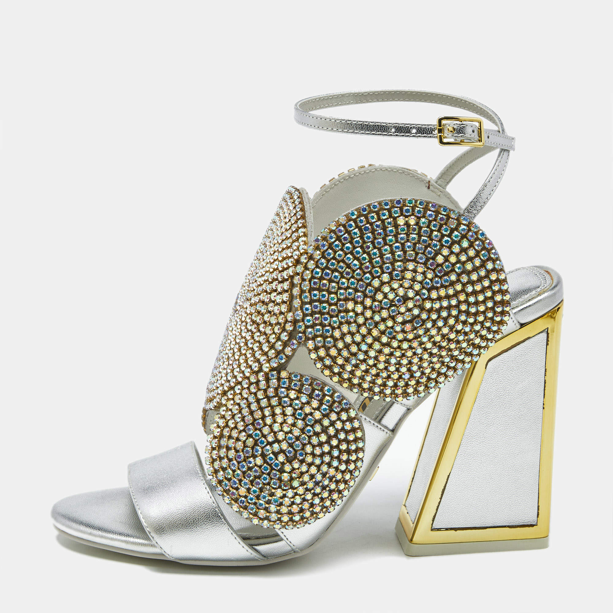 Pre Owned Kat Maconie Silver Leather Frida Crystals Slingback Sandals Size 38