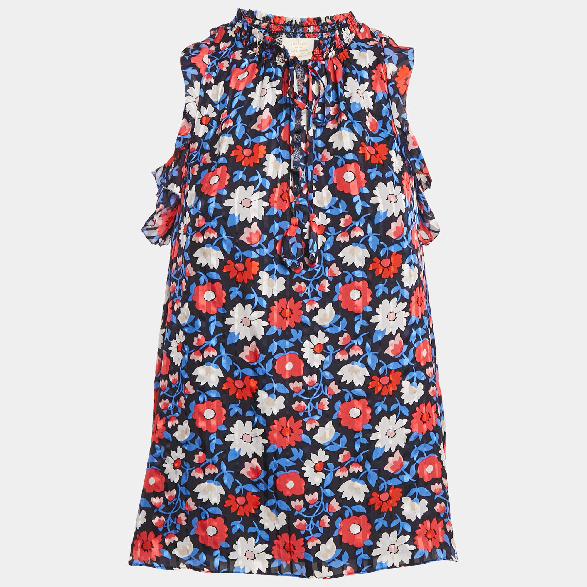 Pre Owned Kate Spade Blue Floral Print Silk Ruffled Top S