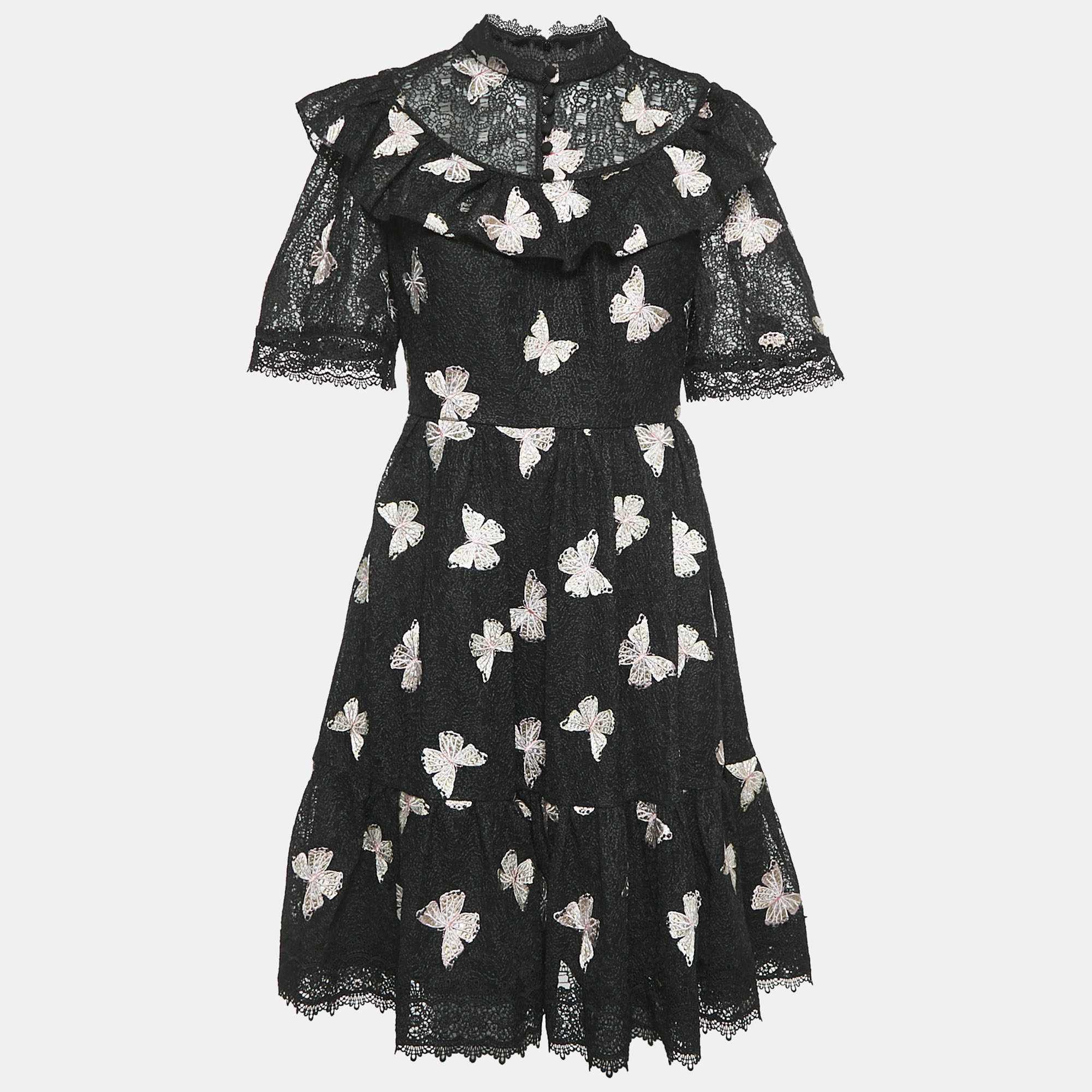 Pre Owned Kate Spade Black Butterfly Embroidery Lace Ruffled Short Dress M