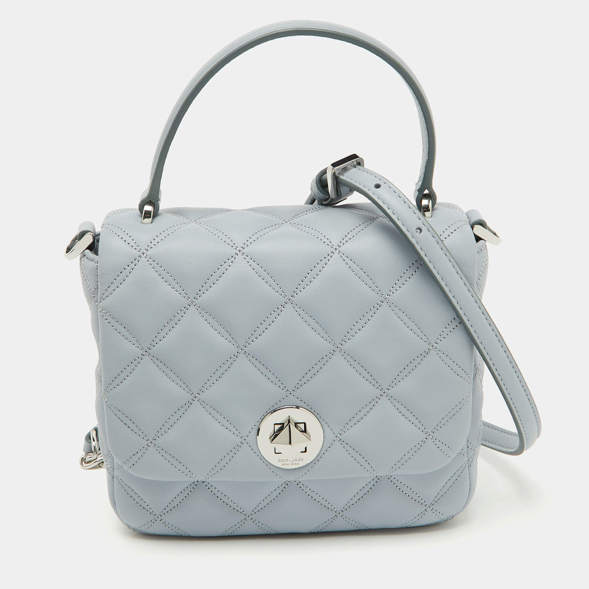Pre Owned Kate Spade Light Blue Quilted Leather Natalia Square Top Handle Bag
