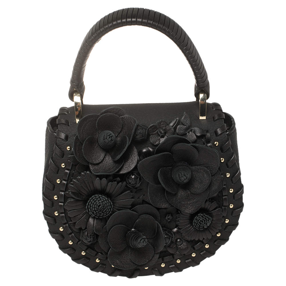 Pre Owned Kate Spade Black Floral Applique Leather Madison Layden Top Handle Bag