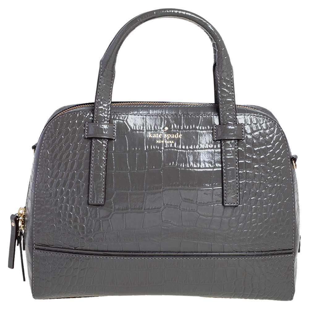 Kate Spade Glossy Dark Grey Croc Embossed Leather Riverside Street Felix Satchel