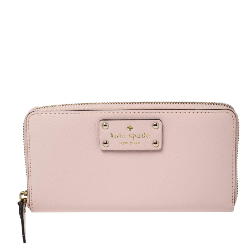 Pre Owned محفظة كونتينينتال كيت سبيد جلد وردي فاتح سحاب ملتف 