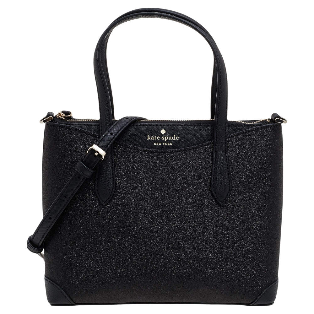 Pre Owned Kate Spade Black Shimmer Glitter And Saffiano Leather Top Zip Tote