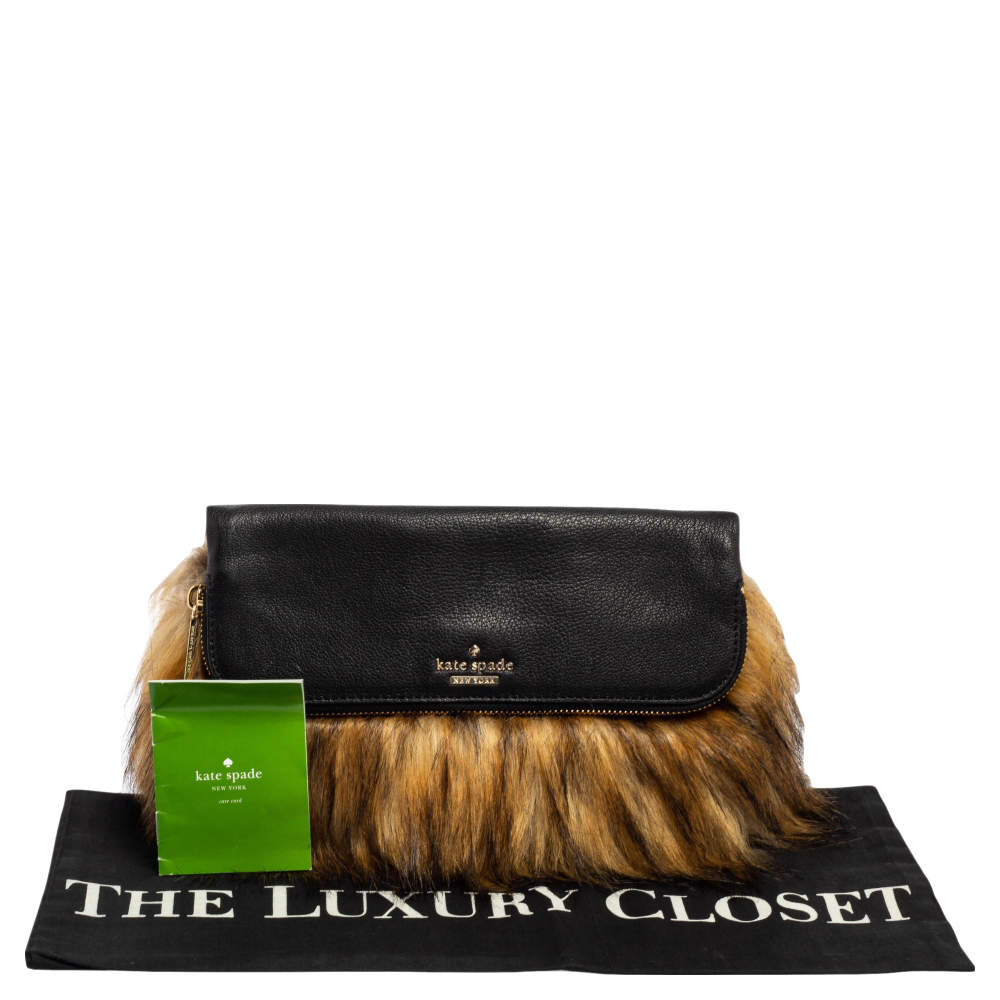 Kate Spade Black/Brown Leather and Faux Fur Clutch Kate Spade