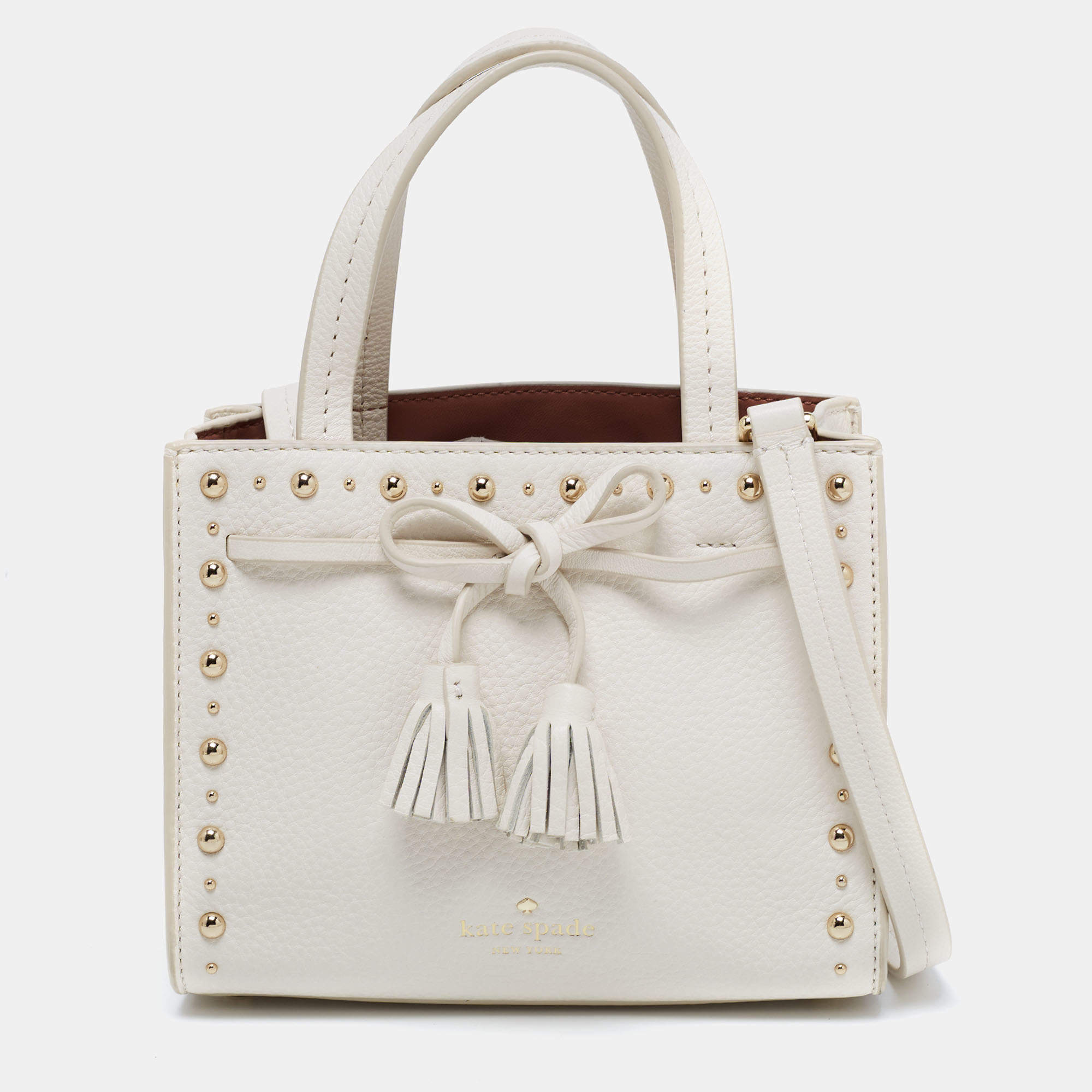 Pre Owned Kate Spade White Leather Holden Street Lanie Studded Tassel Tote