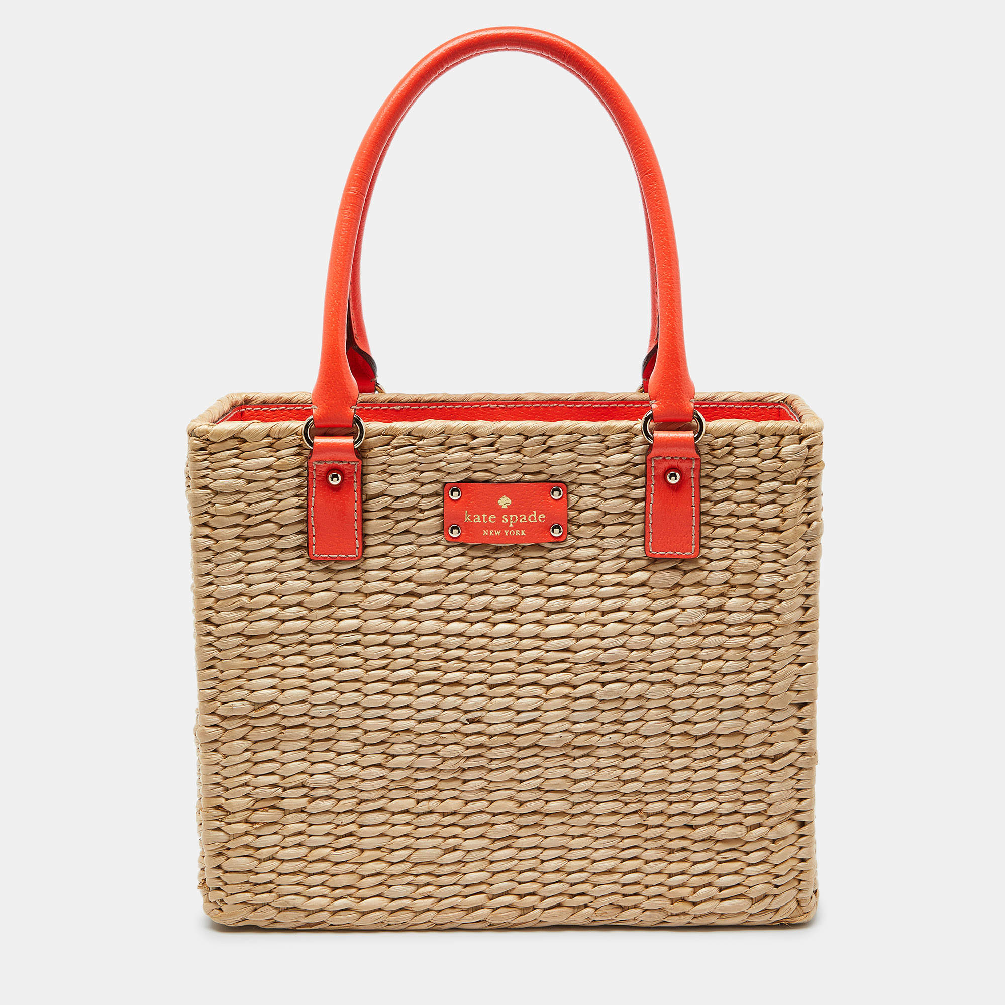 Kate Spade Beige/Neon Orange Wicker and Leather Bucket Bag