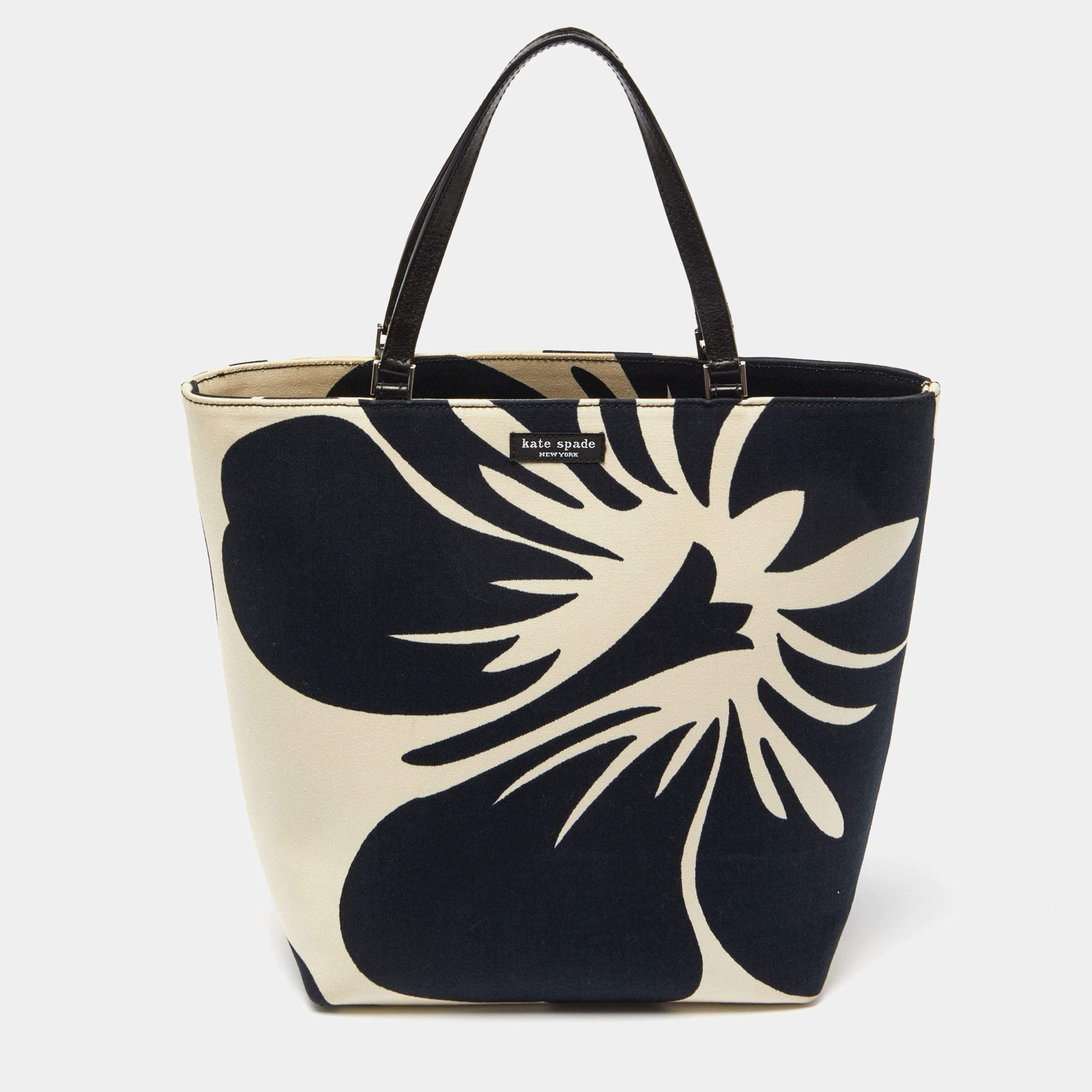 Kate Spade Black/White Hibiscus Printed Canvas Tote