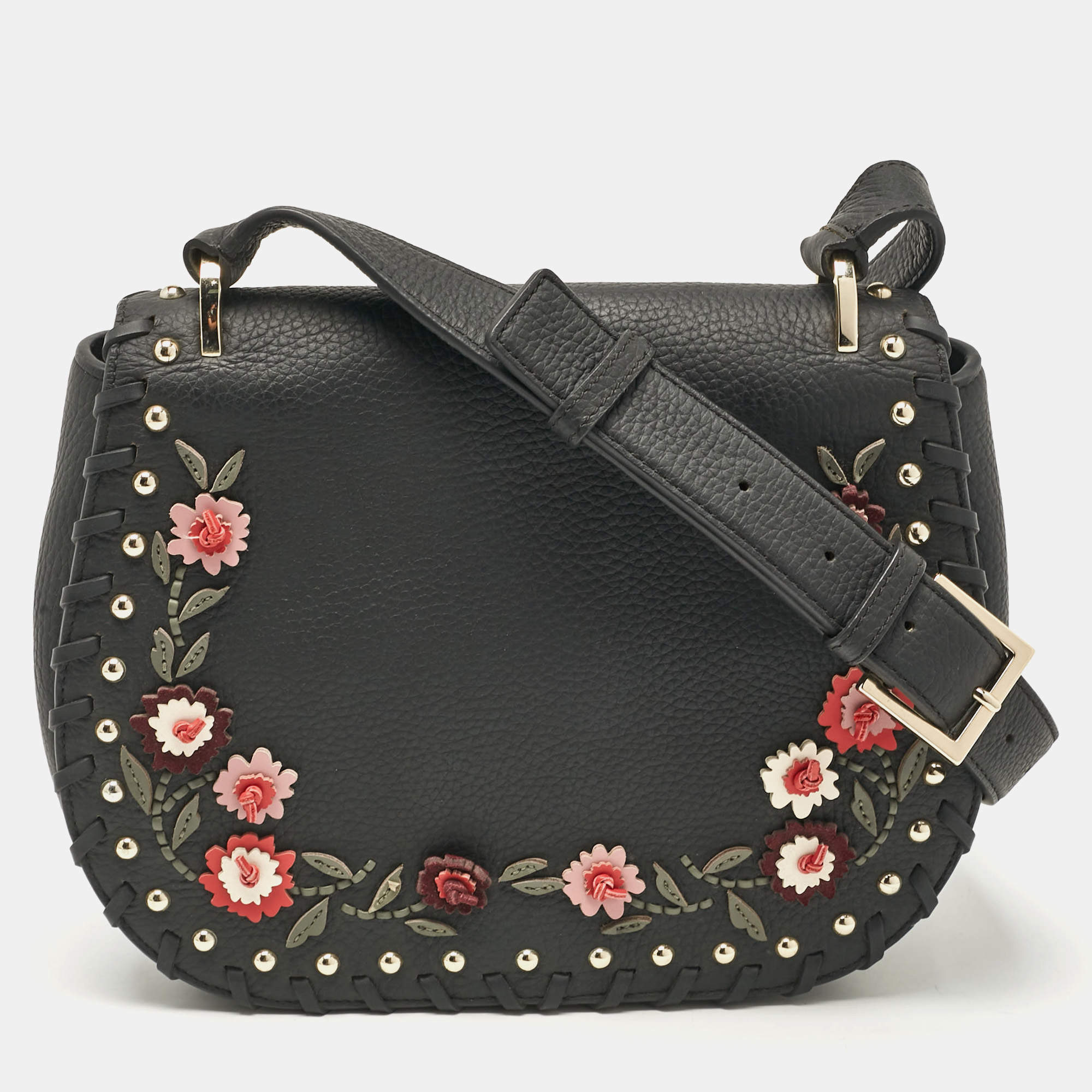Pre Owned Kate Spade Black Leather Floral Applique Tressa Shoulder Bag