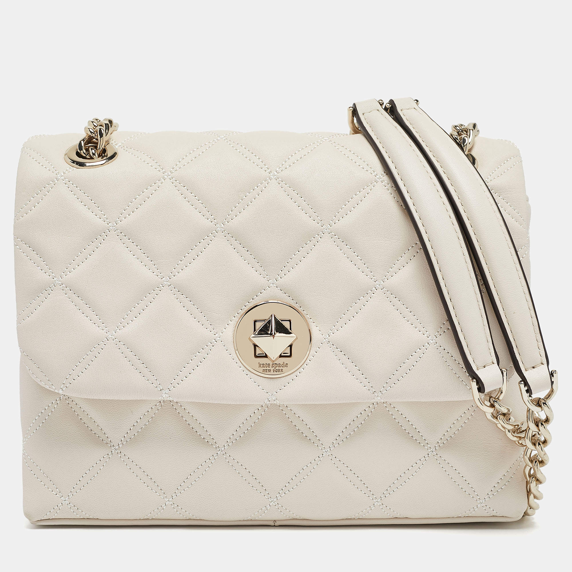 Kate Spade Ivory White Quilted Leather Natalia Flap Shoulder Bag