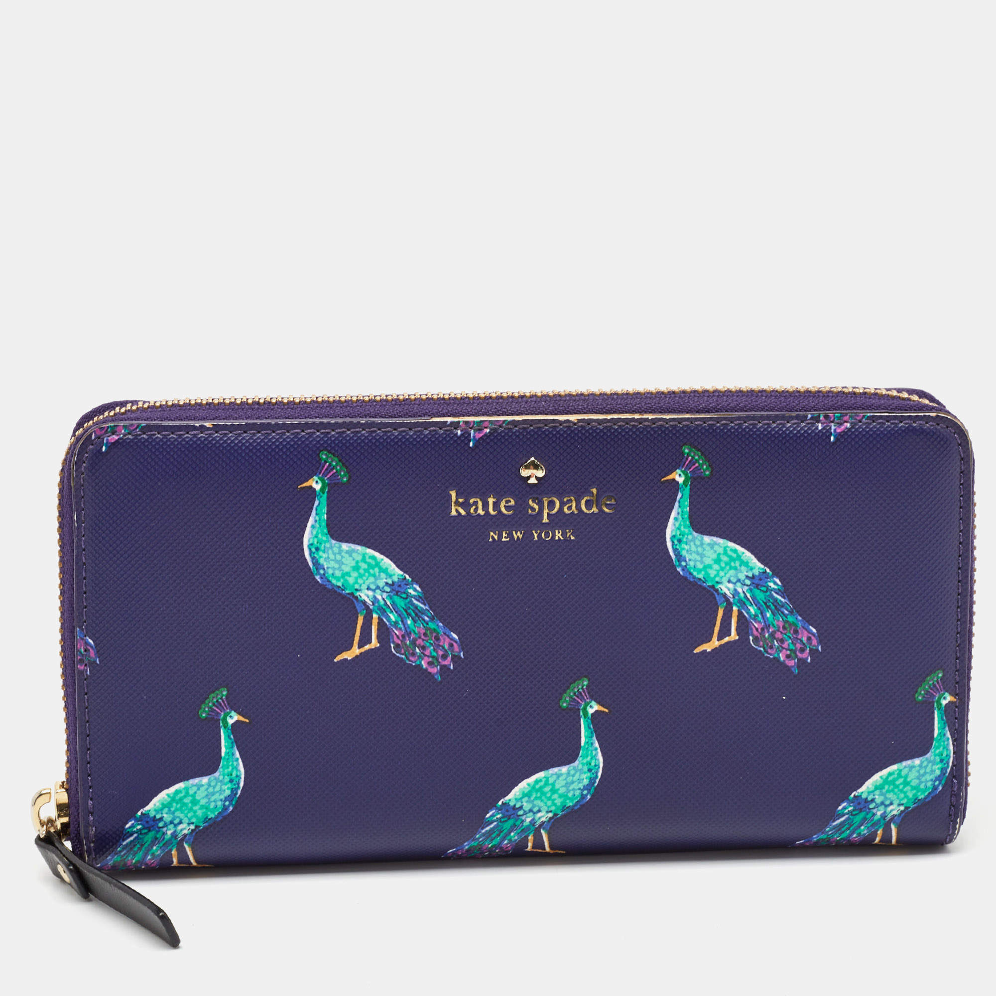 Pre Owned Kate Spade Purple Leather Peacock Print Zip Continental Wallet