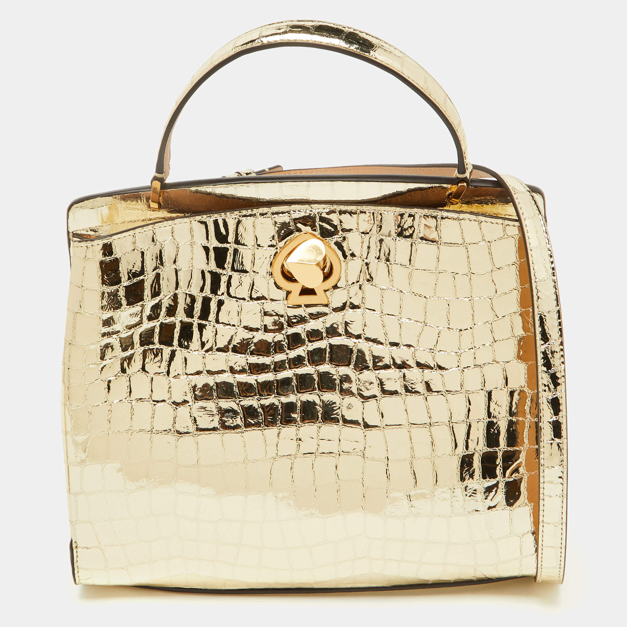 Pre Owned Kate Spade Gold Croc Embossed Patent Leather Small Romy Top Handle Bag