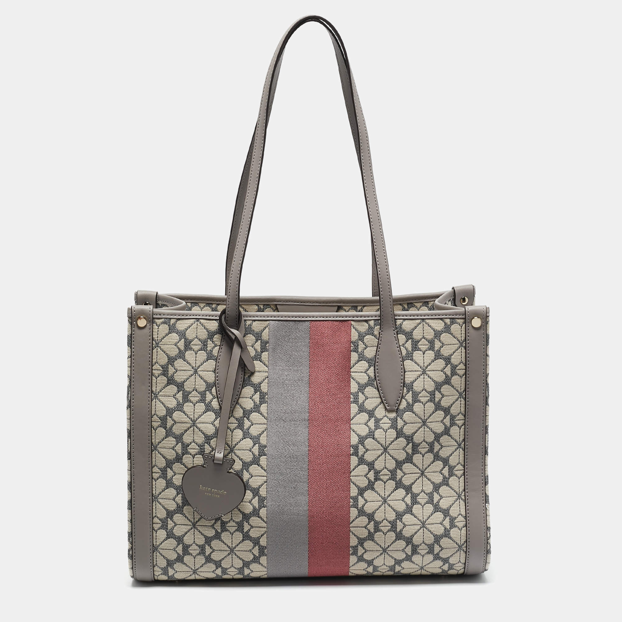 Kate Spade Grey Canvas and Leather  Flower Stripe Market Tote 
