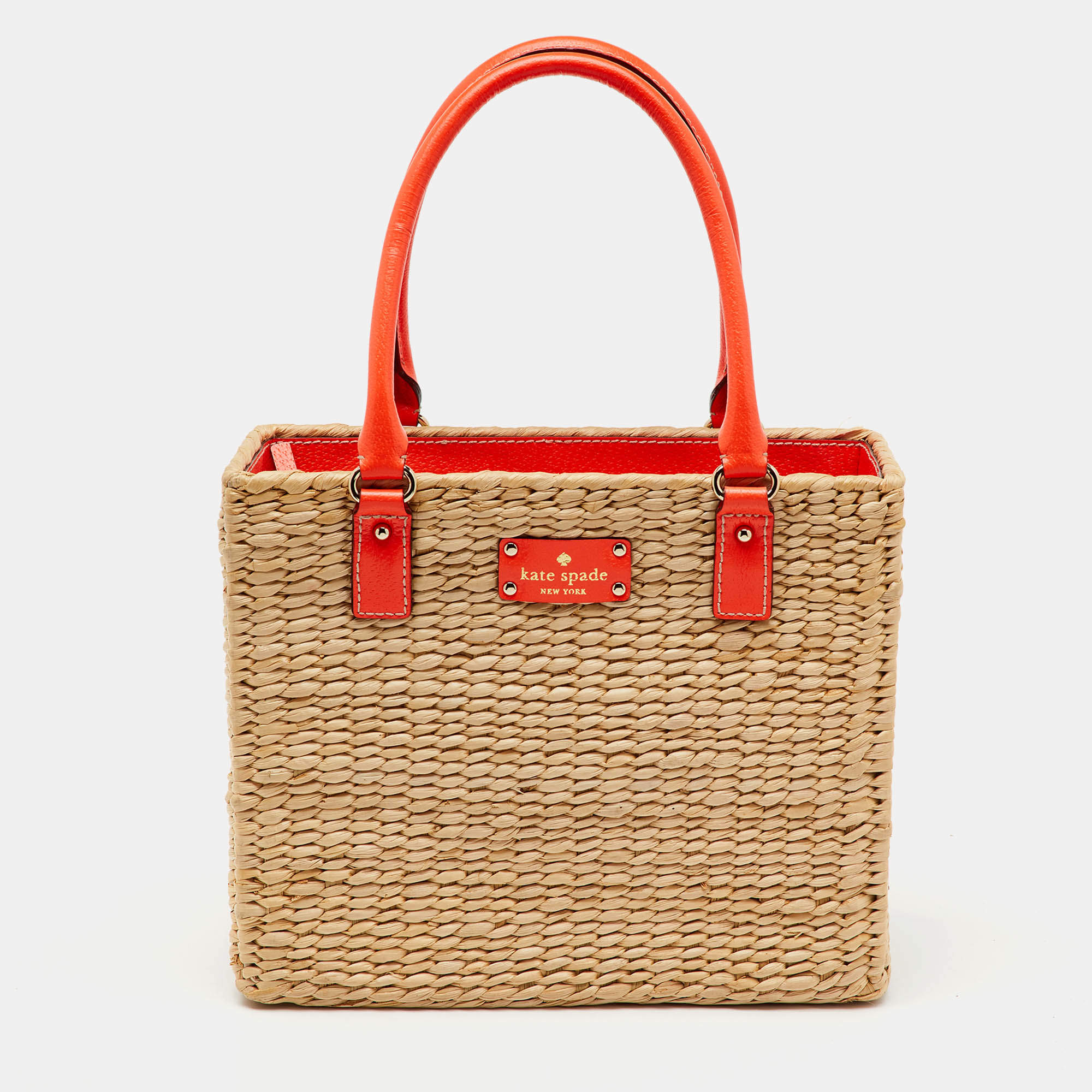 Pre Owned حقيبة سلة جلد وخوص بيج/برتقالي نيون كيت سبيد