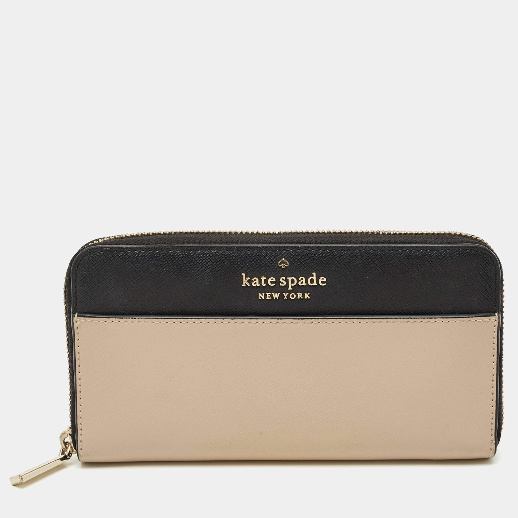 Pre Owned Kate Spade Beige/Black Leather Staci Zip Around Wallet