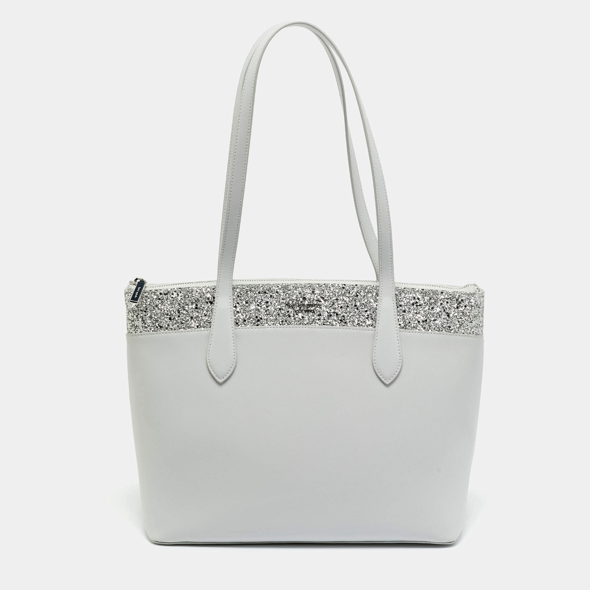 Pre Owned Kate Spade Light Grey Leather Flash Glitter Tote