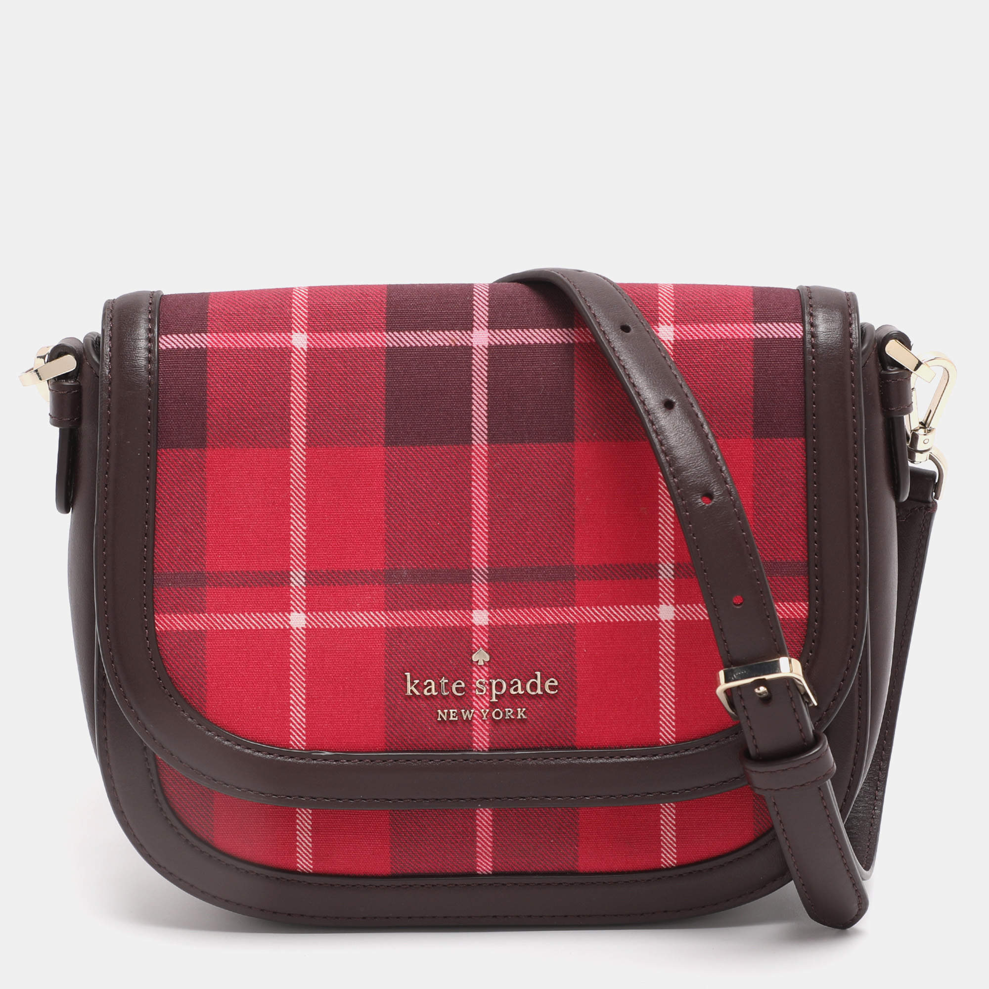 Pre Owned Kate Spade Red/Brown Canvas and Leather Blake Plaid Crossbody Bag