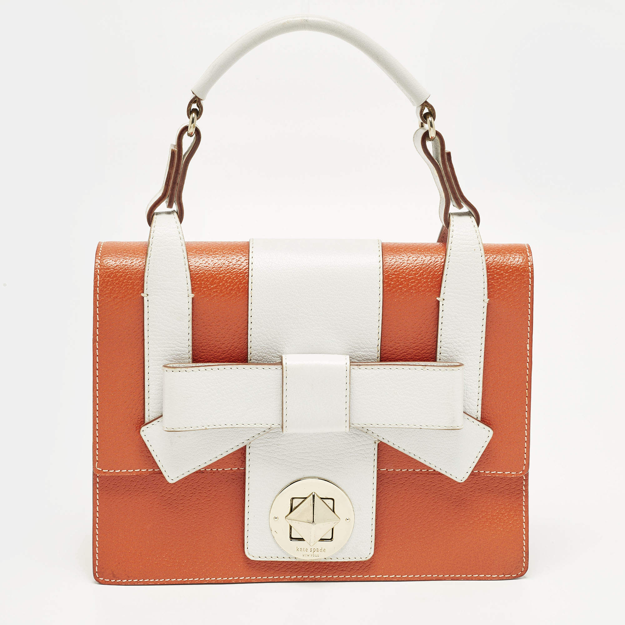 Pre Owned Kate Spade Bow Flap Orange/White Leather Top Handle Bag