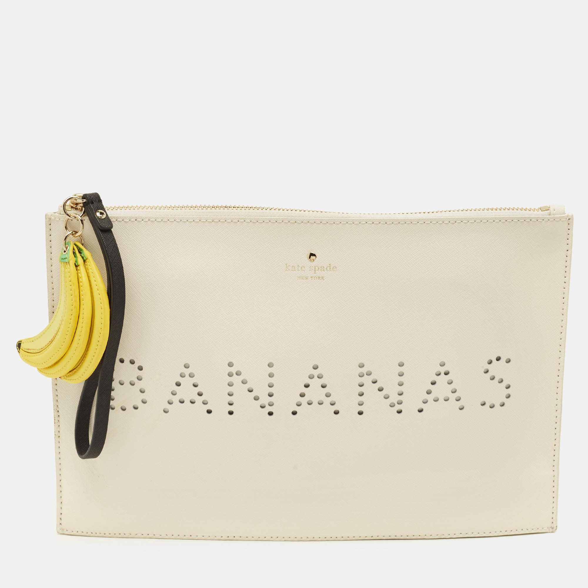 مملوكة مسبقًا Kate Spade Flights of Fancy Bananas Off White Leather Wristlet Clutch