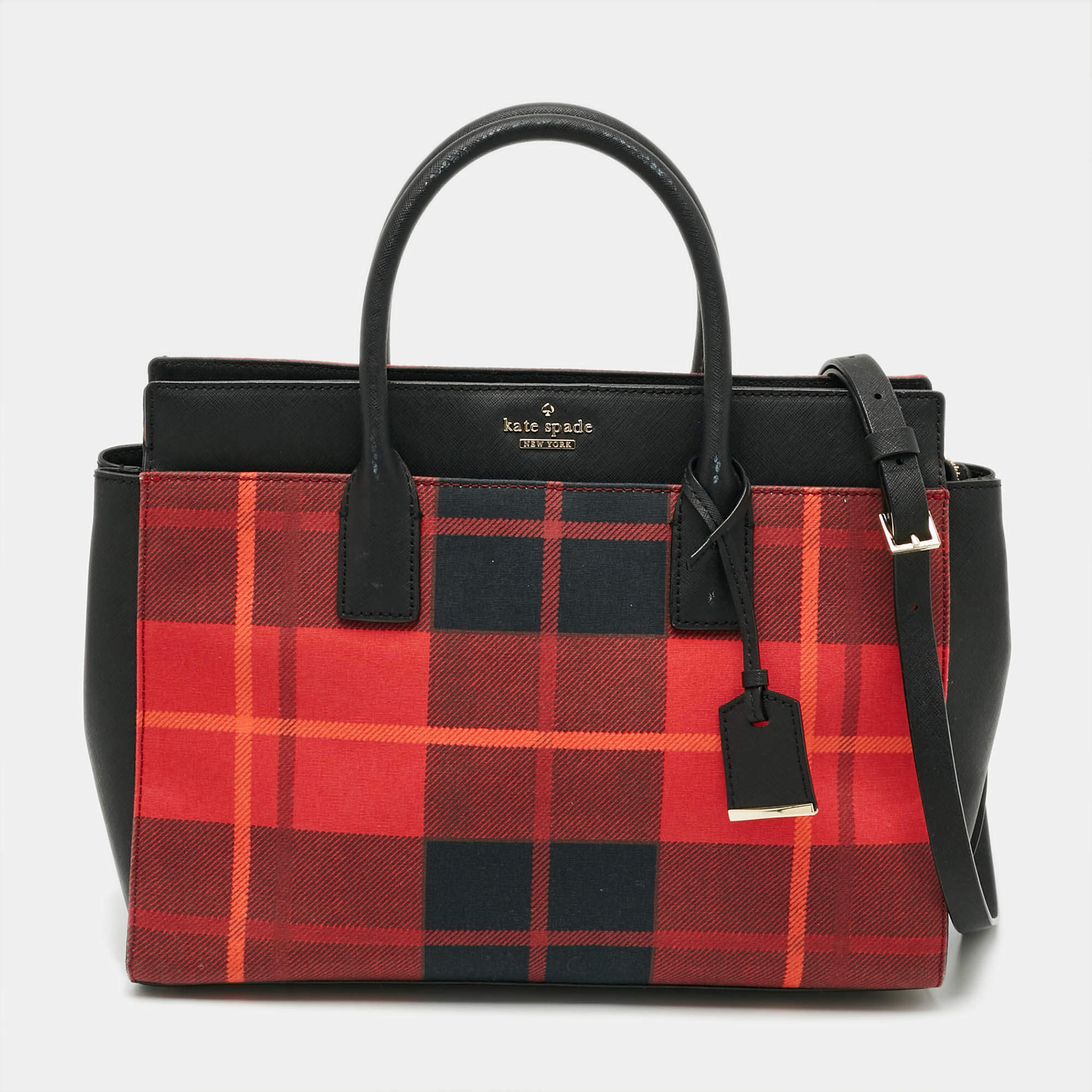Pre Owned Kate Spade Cameron Street Candace Plaid Red/Black Canvas and Leather Tote