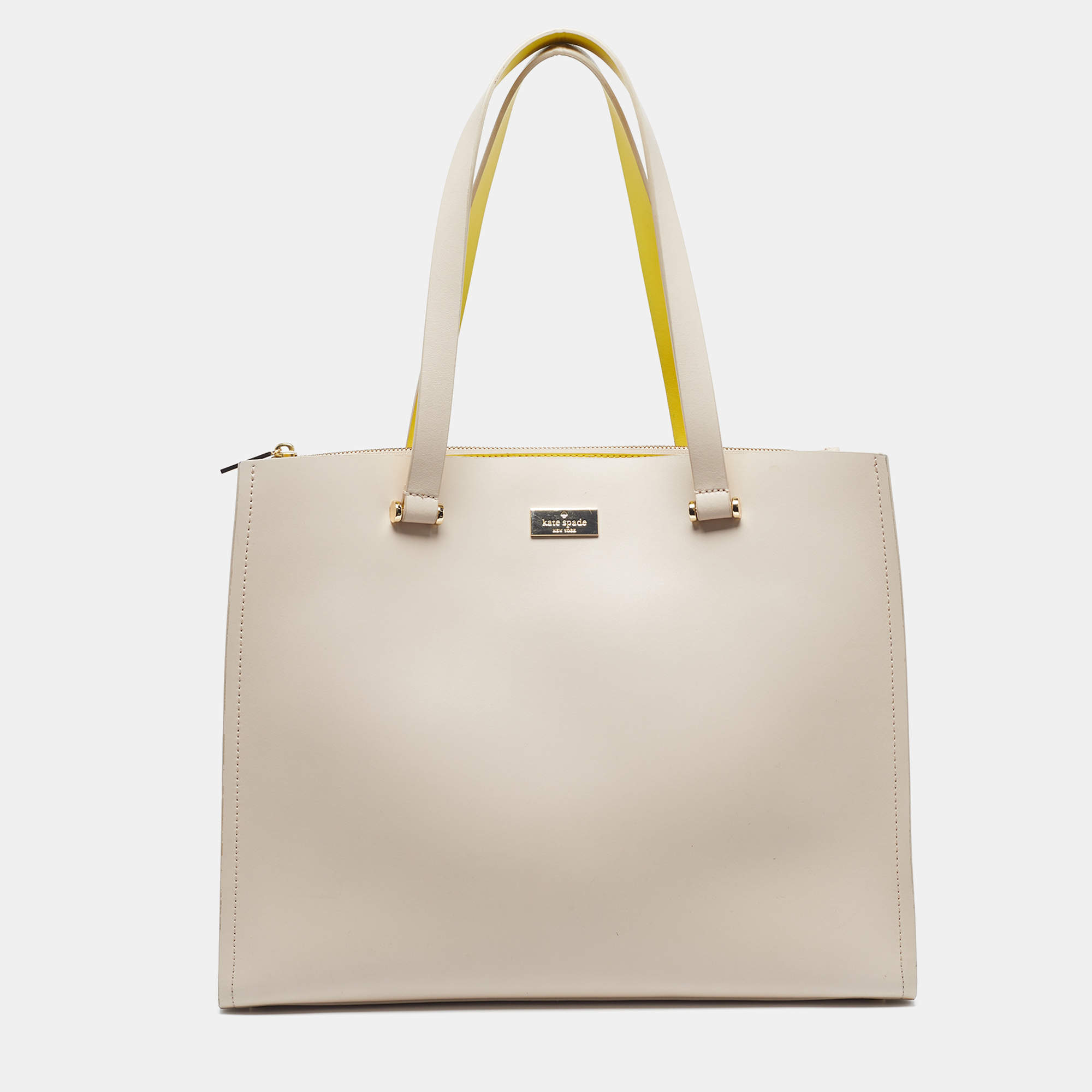 Pre Owned Kate Spade Arbour Hill Kyra Light Beige/Yellow Leather Tote