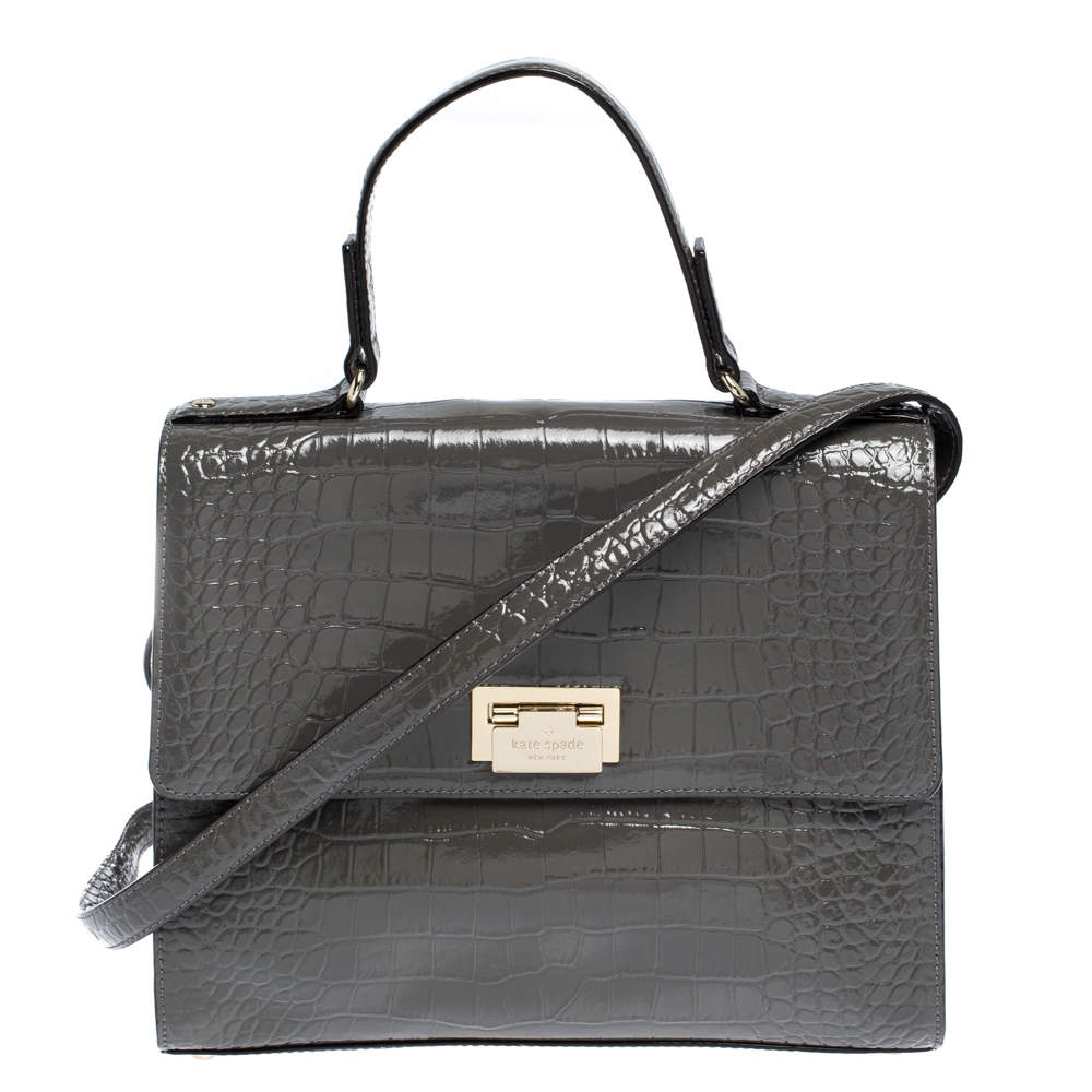 Kate Spade Grey Croc Embossed Patent Leather Knightsbridge Doris Top Handle Bag